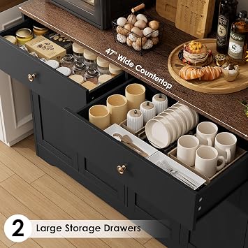 HIFIT 71 LED Kitchen Pantry Cabinet with Power Outlet, Large Kitchen Hutch Cabinet with 2 Storage Drawers & Arched Door, Countertop & Hooks, Tall China Bar for Dining Living Room (Black)