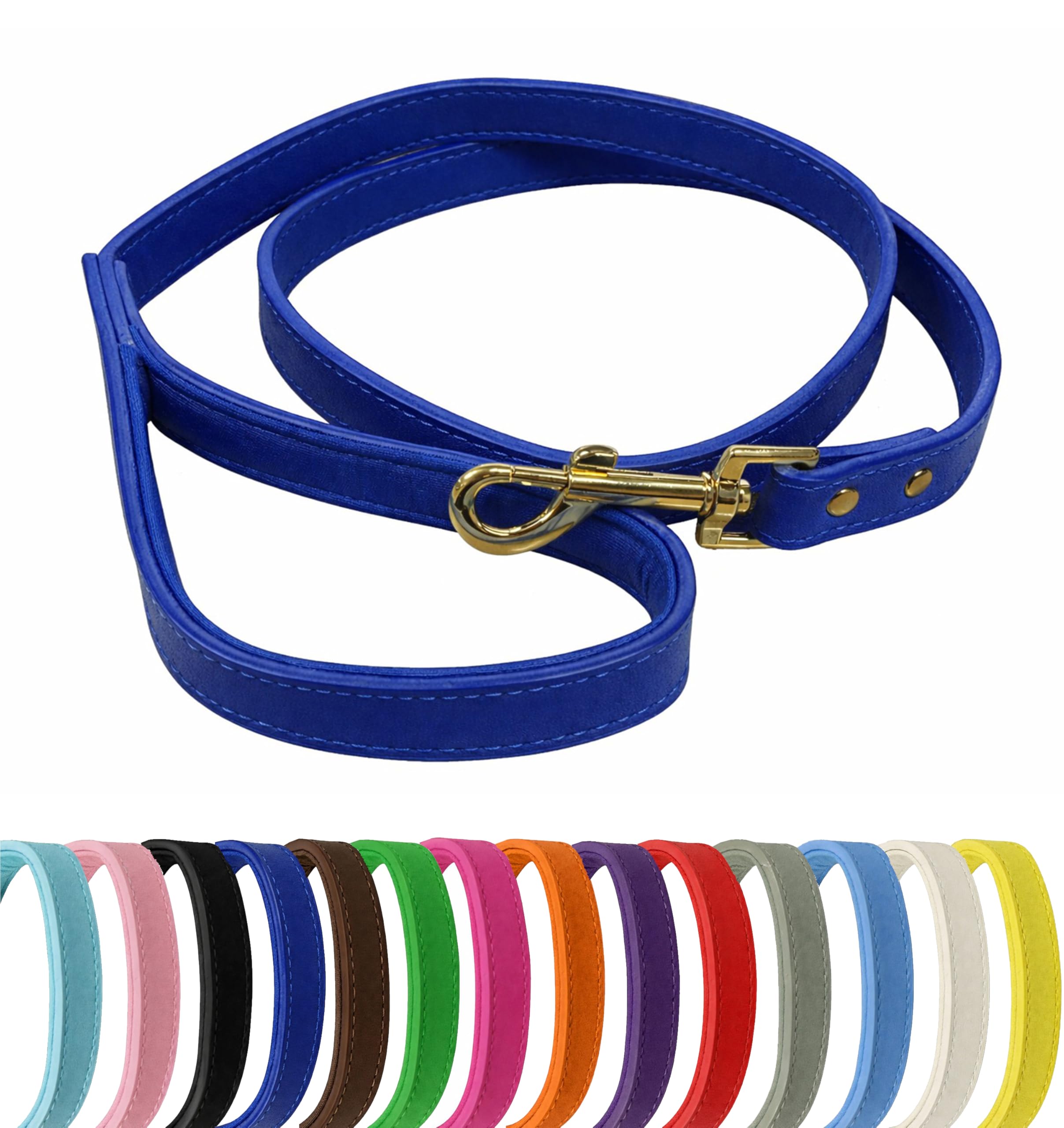 Vibrant Genuine Leather Dog Lead with Soft Neoprene Padded Handle & Metal 360° Swivel Clasp 120cm Leash (Blue, Small (1.5cm Wide))