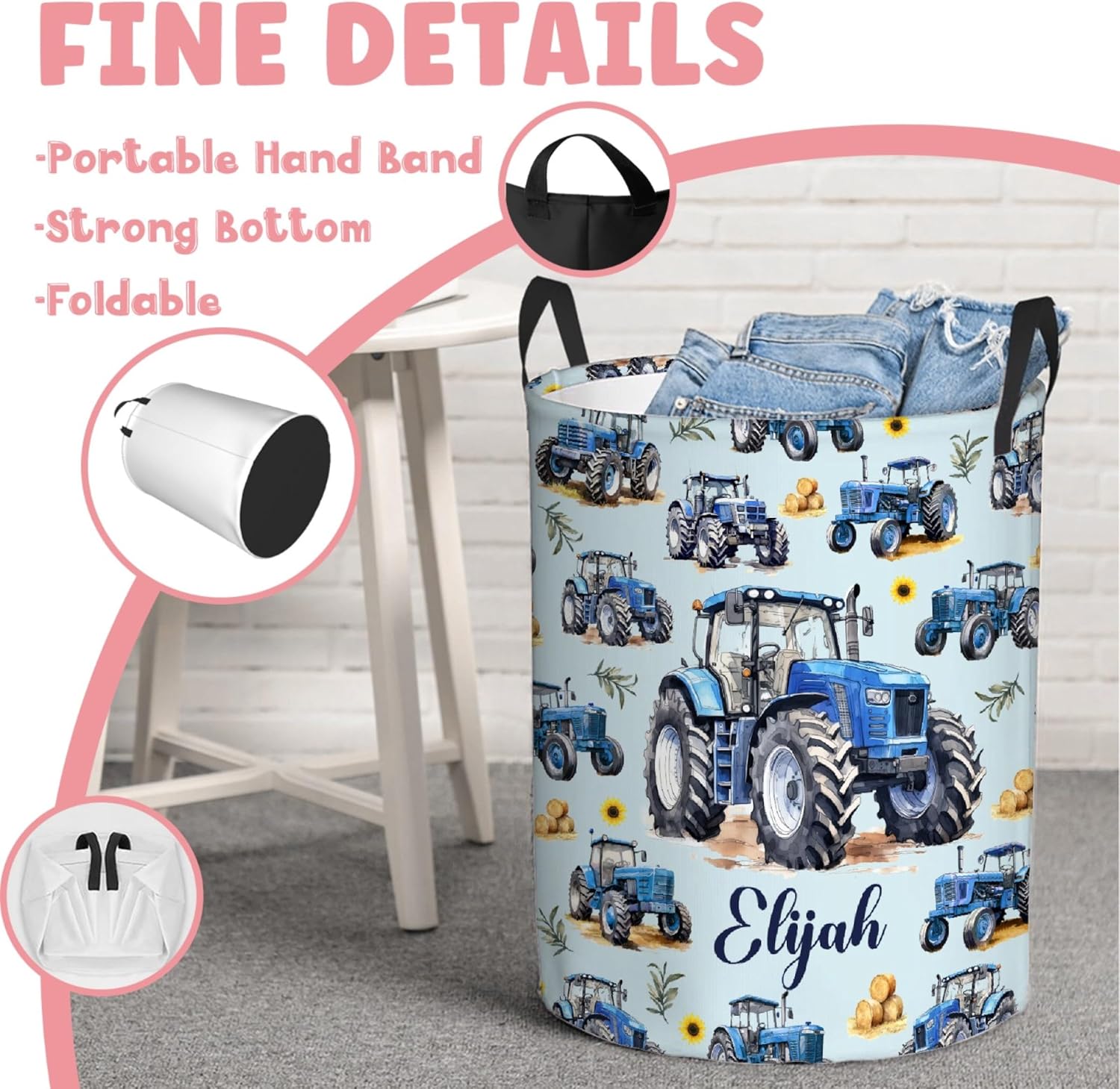 Personalized Farm Tractor Laundry Basket,Collapsible Clothes Storage Basket for Bathroom Living Room Custom Name Laundry Hamper,Bedroom,M-19.5"X 15.7"