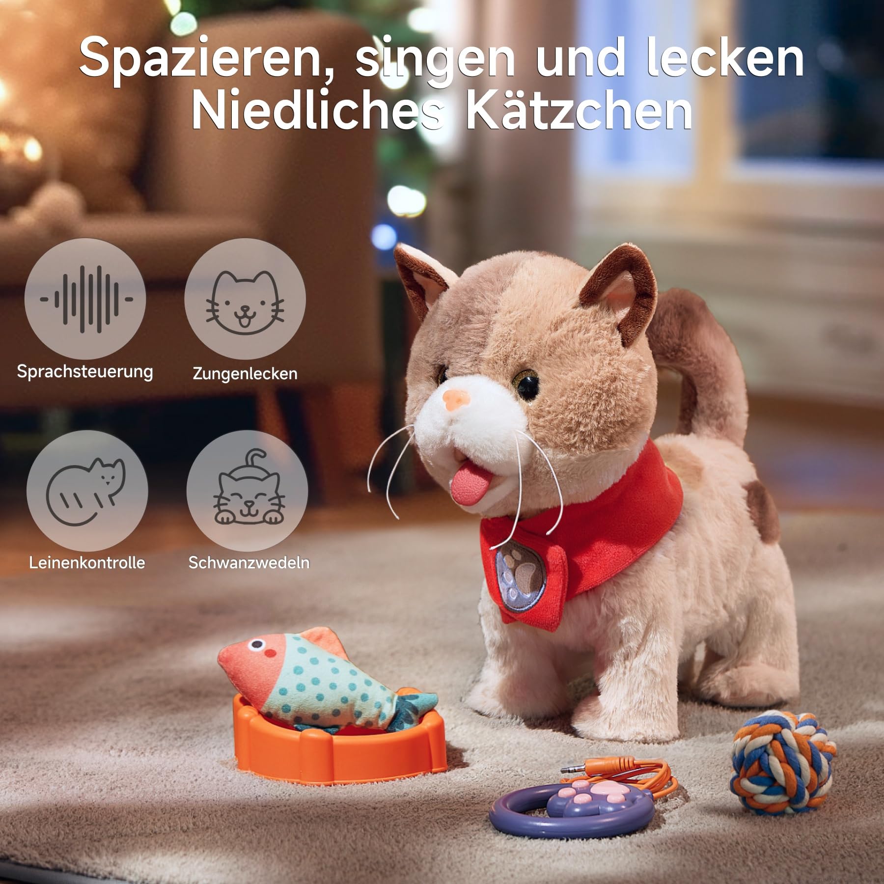 TUMAMA KIDS Elektronische Haustiere, Katze Spielzeug Kinder, Roboter Kuscheltier Plüschtiere Katze, Spazierengehen, Singen, Zunge lecken, Leine fernsteuern, Spielzeug ab 3 jahr, Geschenk Mädchen Junge