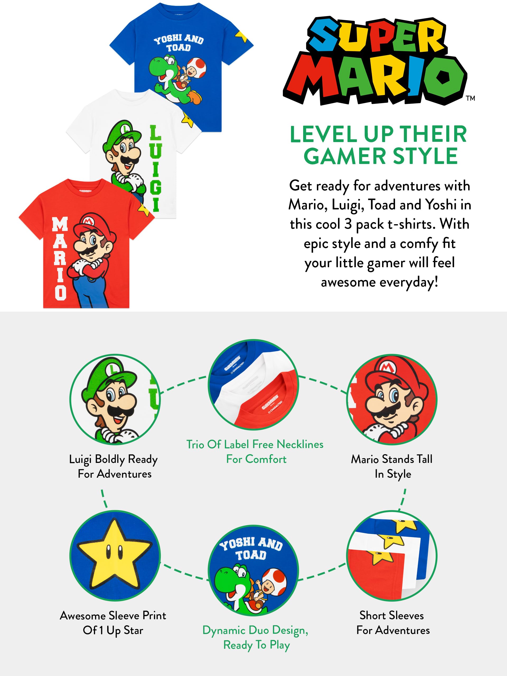 Super Mario Paquete De 3 Camisetas, Camiseta Niño De Mario, Luigi Y Yoshi, Camisetas Niño De Verano Algodón con Motivo Gamer — view 7