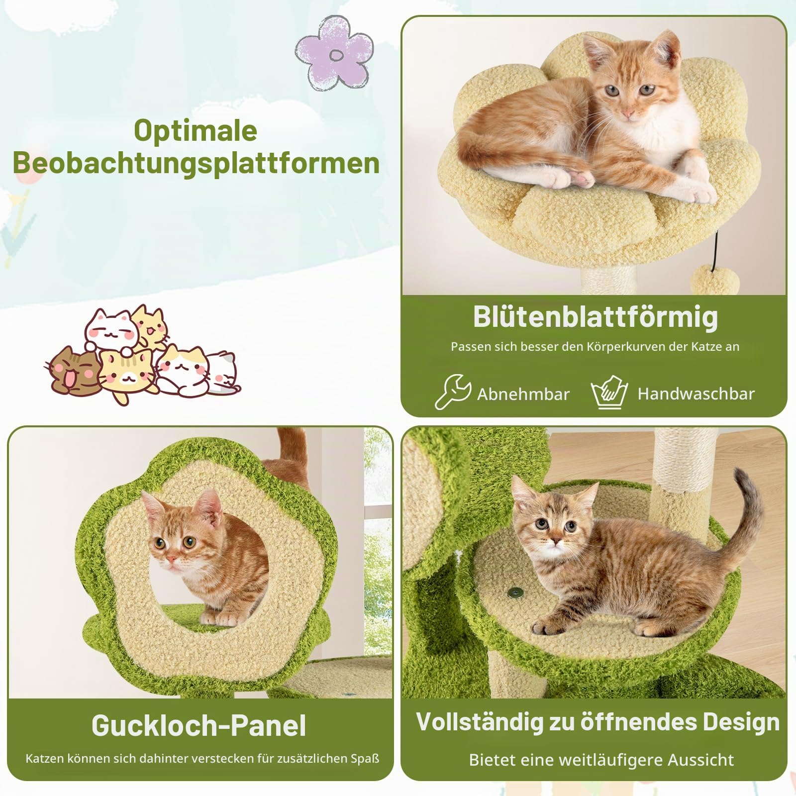 FANTASK Mehrstufiger Katzenbaum, Kratzbaum mit Katzenhöhle, Plattformen, Plüsch-Schlafbett, Ball & Kratzsäule, Katzenmöbel, Grün + Braun (55 x 40 x 100 cm)