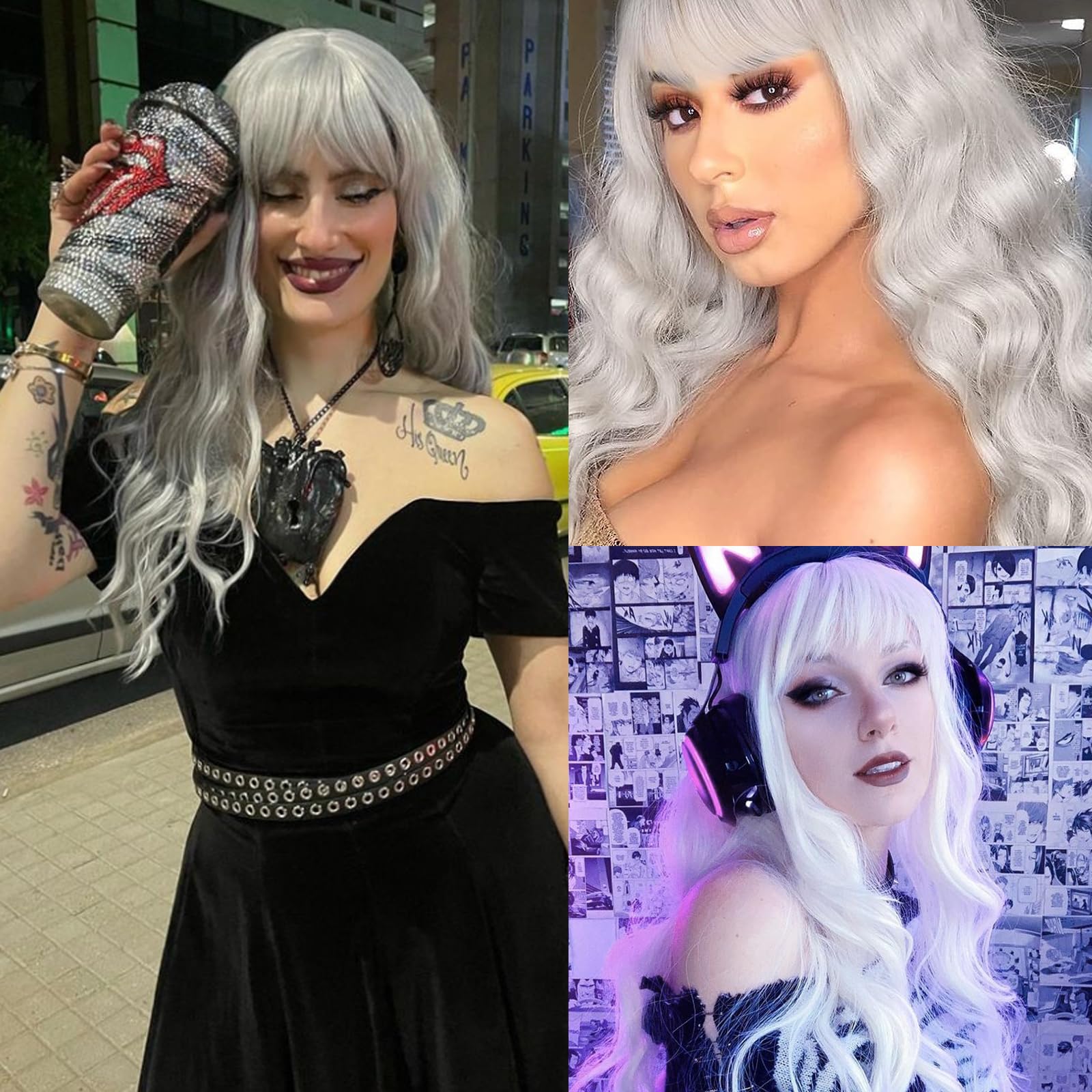 High Quality  GREY long CURLY Wig w/ bangs Gray Curly Wig With Bangs: Medium-length Heat-resistant  main image 2