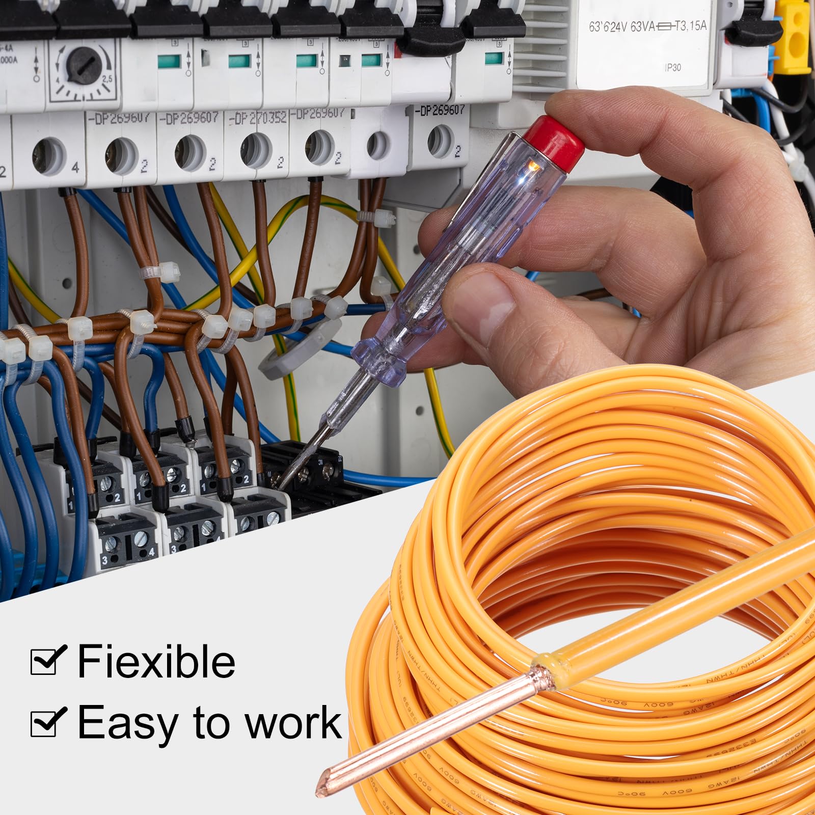 QUARKZMAN Cable Eléctrico Aislado De Cobre Sólido De 75 Pies Calibre 12 AWG Cable De Conexión THHN Para Uso Residencial Industrial Y De Puesta Para 600 Voltios Listado UL Naranja
