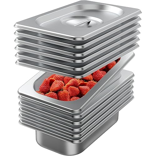 6 Pack Stainless Steel Hotel Pan With Lids 1/4 Size 2.5 Ince Deep Steam Table Metal Food Pan Steamer Trays for Buffet Catering Pans Metal Commercial Kitchen Pans