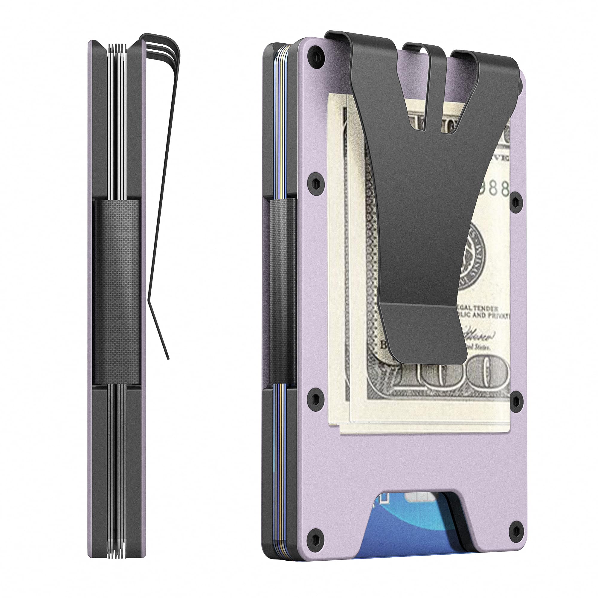 QEG Minimalist Wallet for Men, Slim Wallet with Cash Strap, RFID Blocking Metal Card Holder, Compact Pocket Wallet Ideal Gift for Men, Super Thin Card Clip Hold up to 12 Credit Cards (Purple)