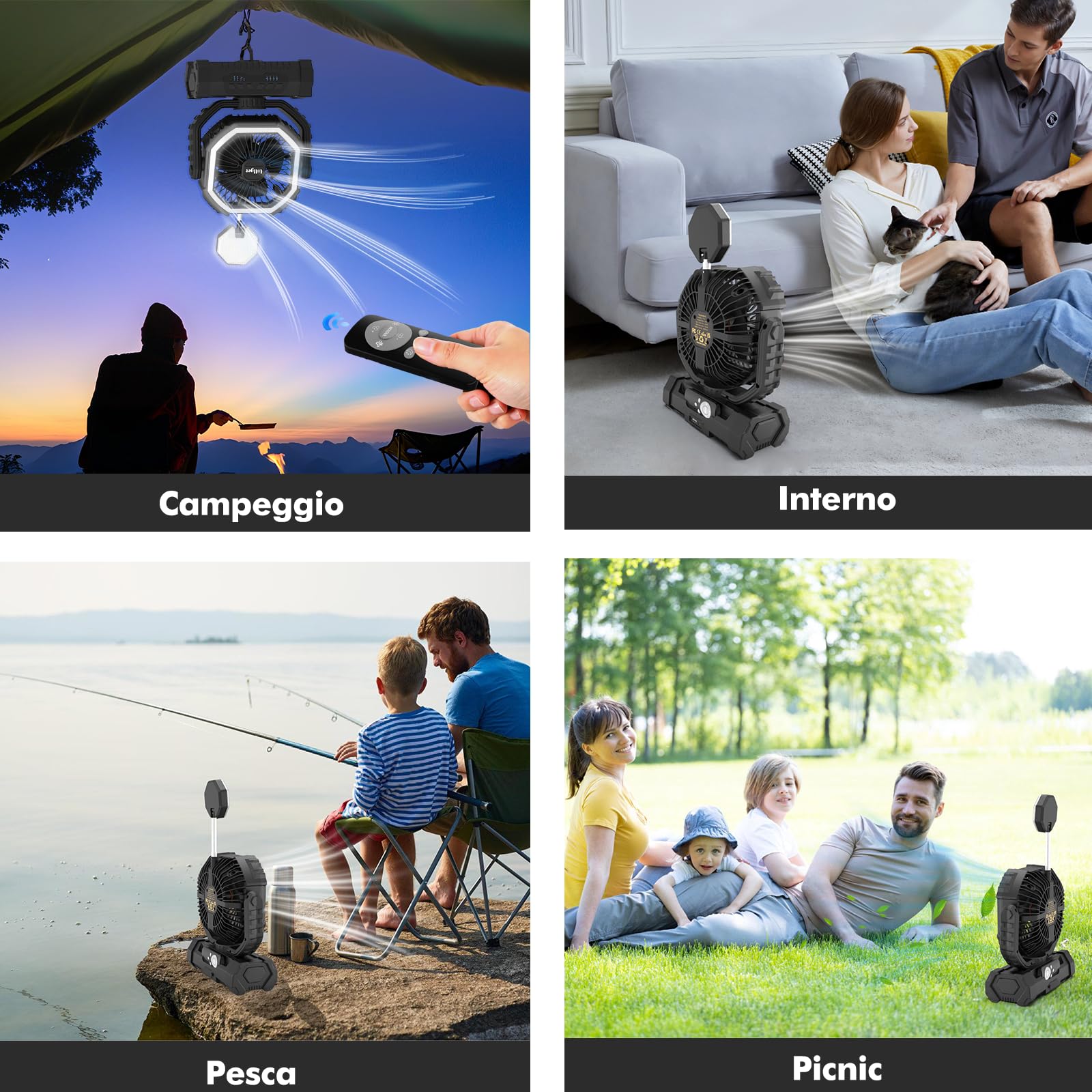 Ventilatore da Campeggio con Luce, Alimentazione a Batteria 20000mAh, Ventilatore Portatile Ricaricabile con Telecomando e Gancio Rotante a 360°, 4 Velocità per Interni, Viaggi, Camper (Nero)