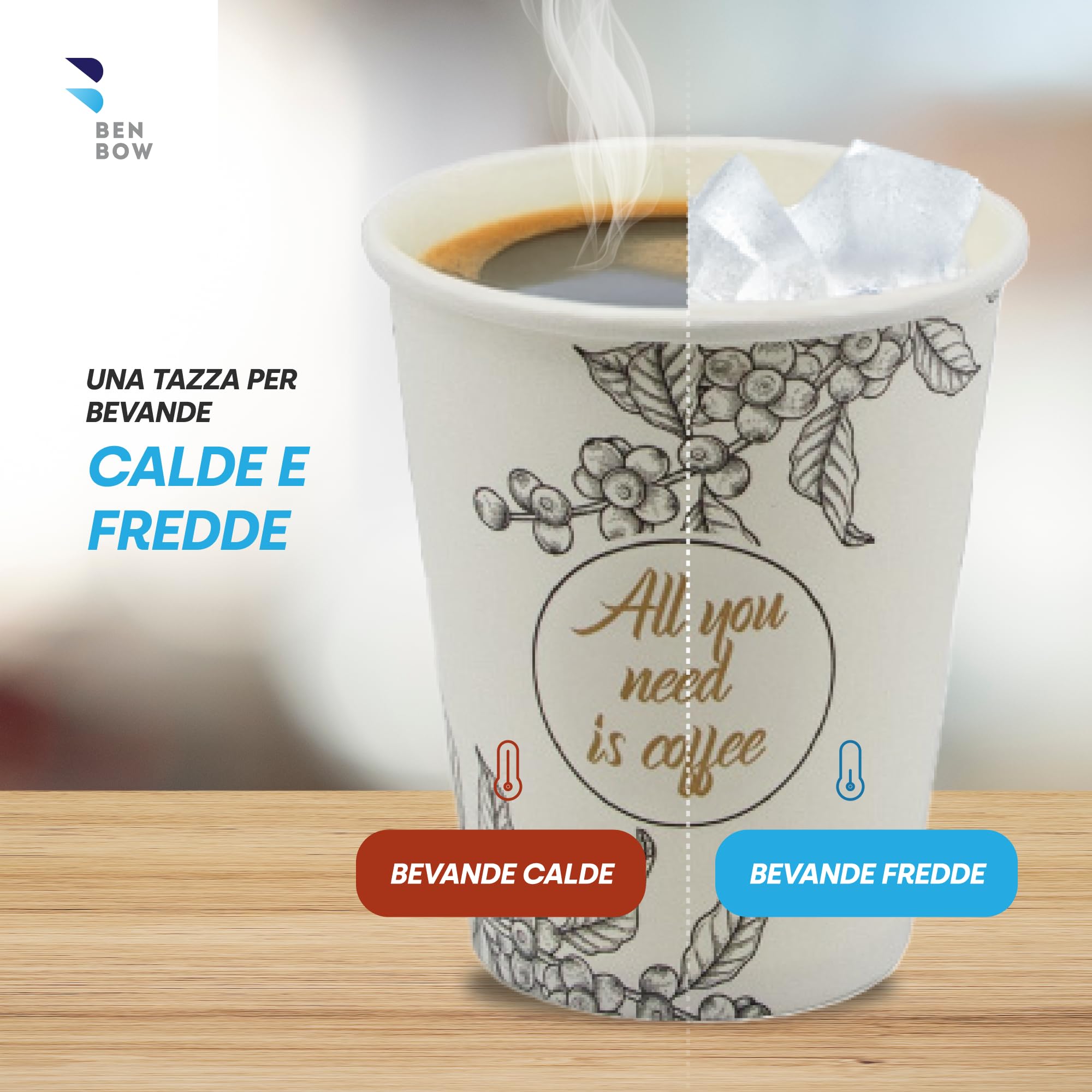BenBow Bicchieri Monouso 400 ml x 300 - Da Asporto, Usa e Getta, All You Need Is Coffee - Per Ufficio e Macchine da Caffè, Robusti e Pratici