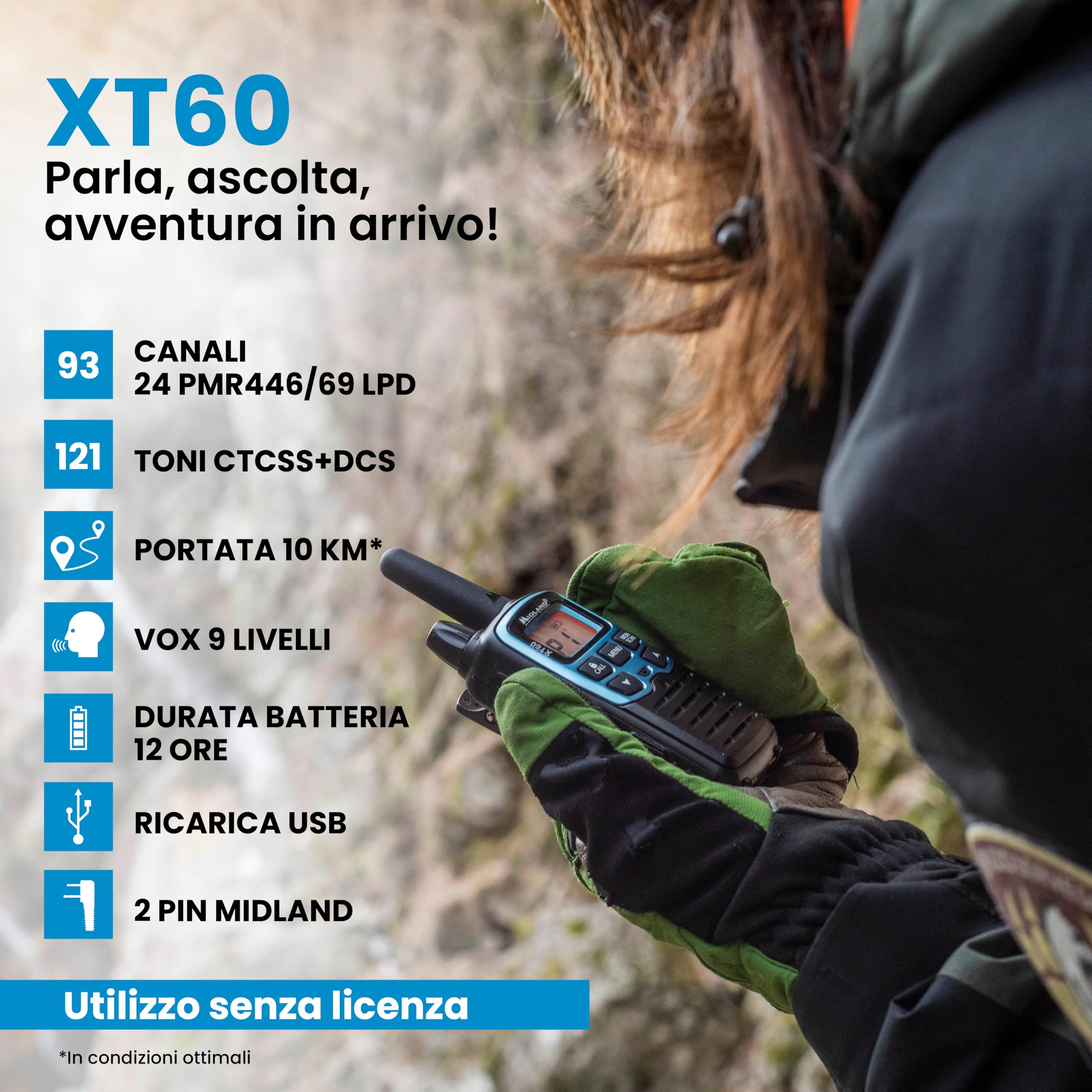 Midland - Walkie Talkie XT60, Ricetrasmittenti Professionali Dual Band, 93 Canali - 69 Canali LPD/24 PMR446 Senza Licenza, 38 CTCSS/83 DCS, Copertura 10Km, Ricarica Rapida, Autonomia 12H e Accessori