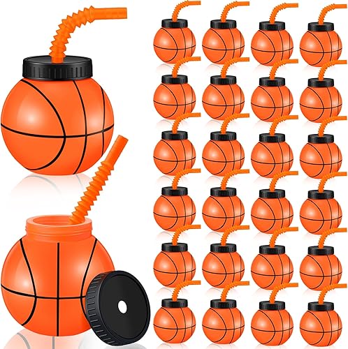 Nuanchu Juego de 24 tazas de baloncesto de 14 onzas con pajitas y tapas, vasos de bolas de plástico reutilizables, vasos de baloncesto para fiestas,