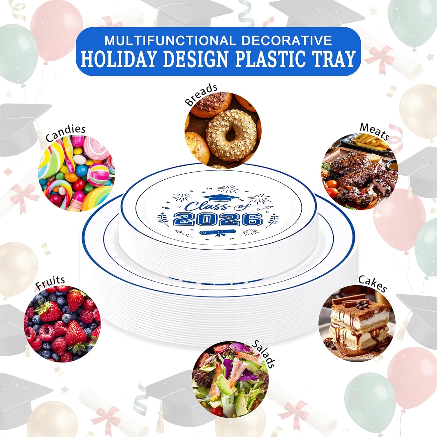 120 Pcs Graduation Plastic Plates, 2026 White Blue Graduation Disposable Plates for 30 Guests,30 Dinner Plates 10 inch & 30 Dessert Plates 7 inch Cocktail Napkins for Party,Holiday