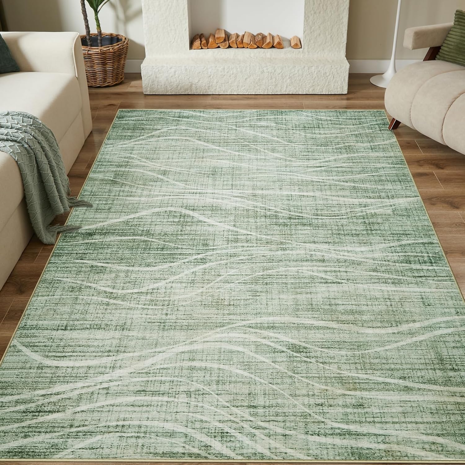 WITSHOCK 6x9 Living Room Rug Washable Area Rug Modern Abstract Rugs Non Slip Indoor Carpet for Bedroom Dining Room Nursery Kitchen Office Home Decor Stain Resistant Soft Wave Striped Rug, Green 6' x 9' (Rectangular) Green