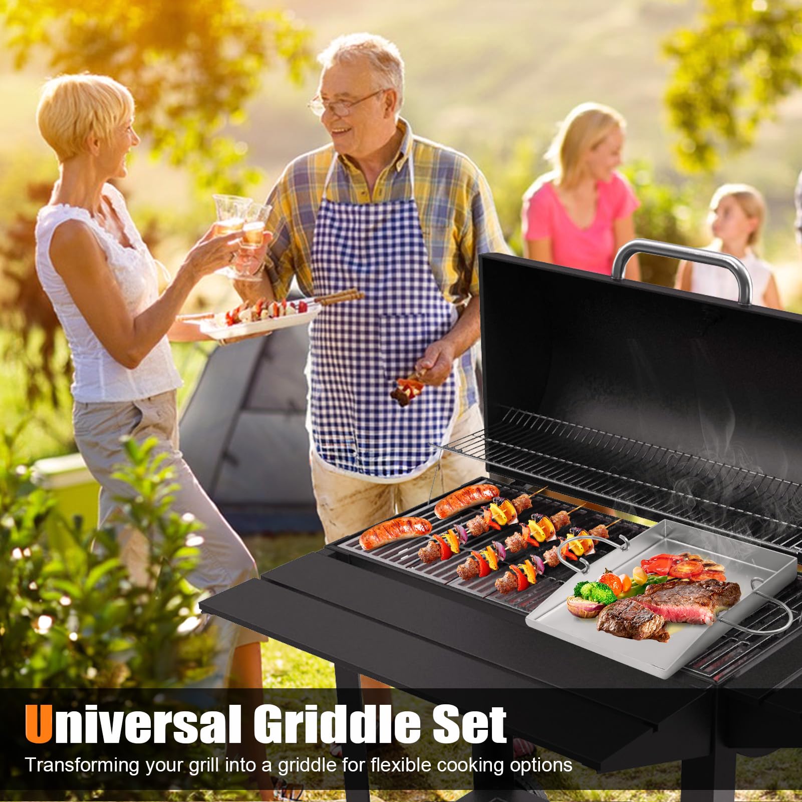 40x30cm Plancha Grillplatte Set, 2 Spachteln + 1 Paar Grillhandschuhe, 4mm Dicke Grillplatte Gasgrill mit Fettablauf, Grillschale Edelstahl für Gas und Holzkohlegrills