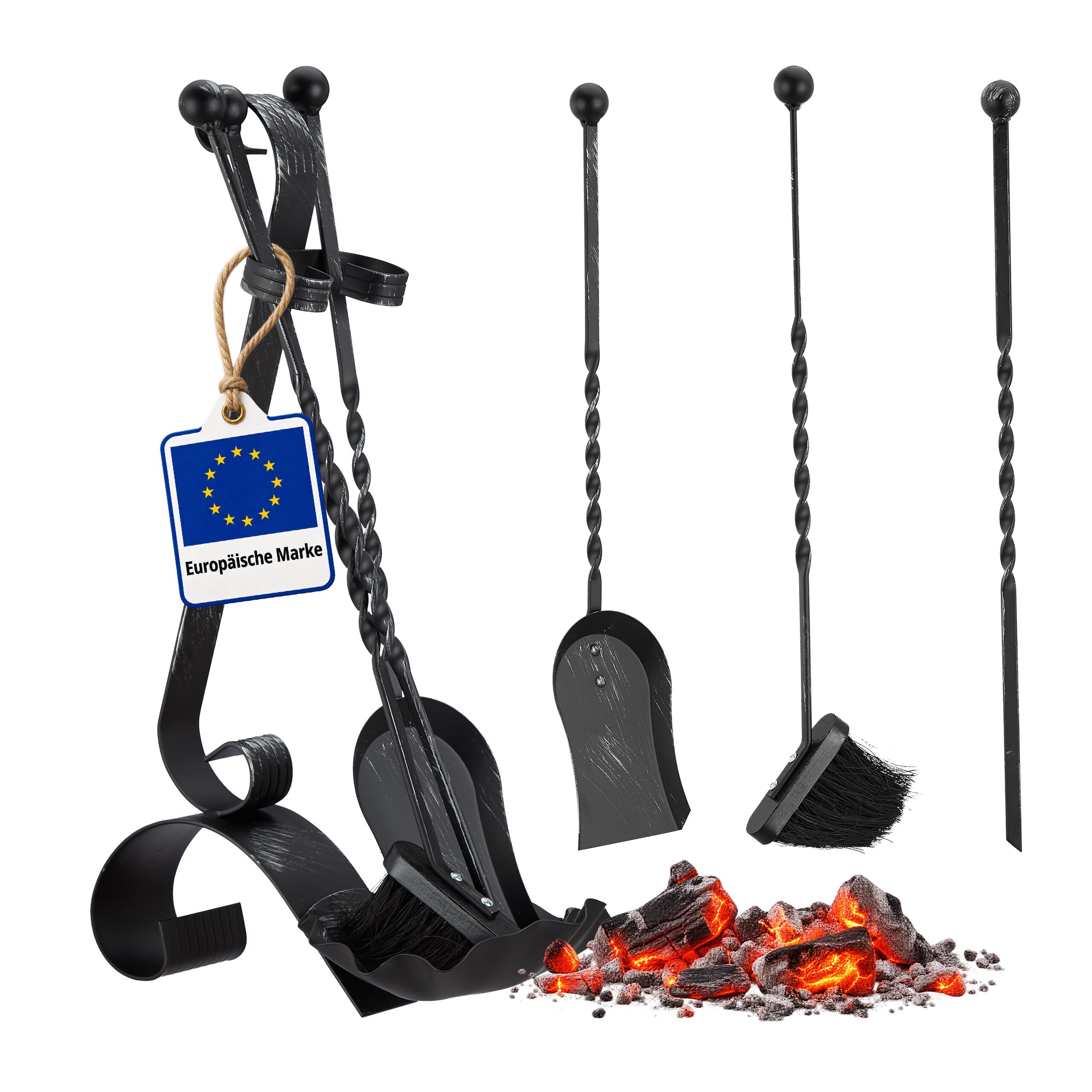 Relaxdays Ensemble serviteur de cheminée 4 pièces Accessoire Acier Balai tisonnier Pelle, Noir