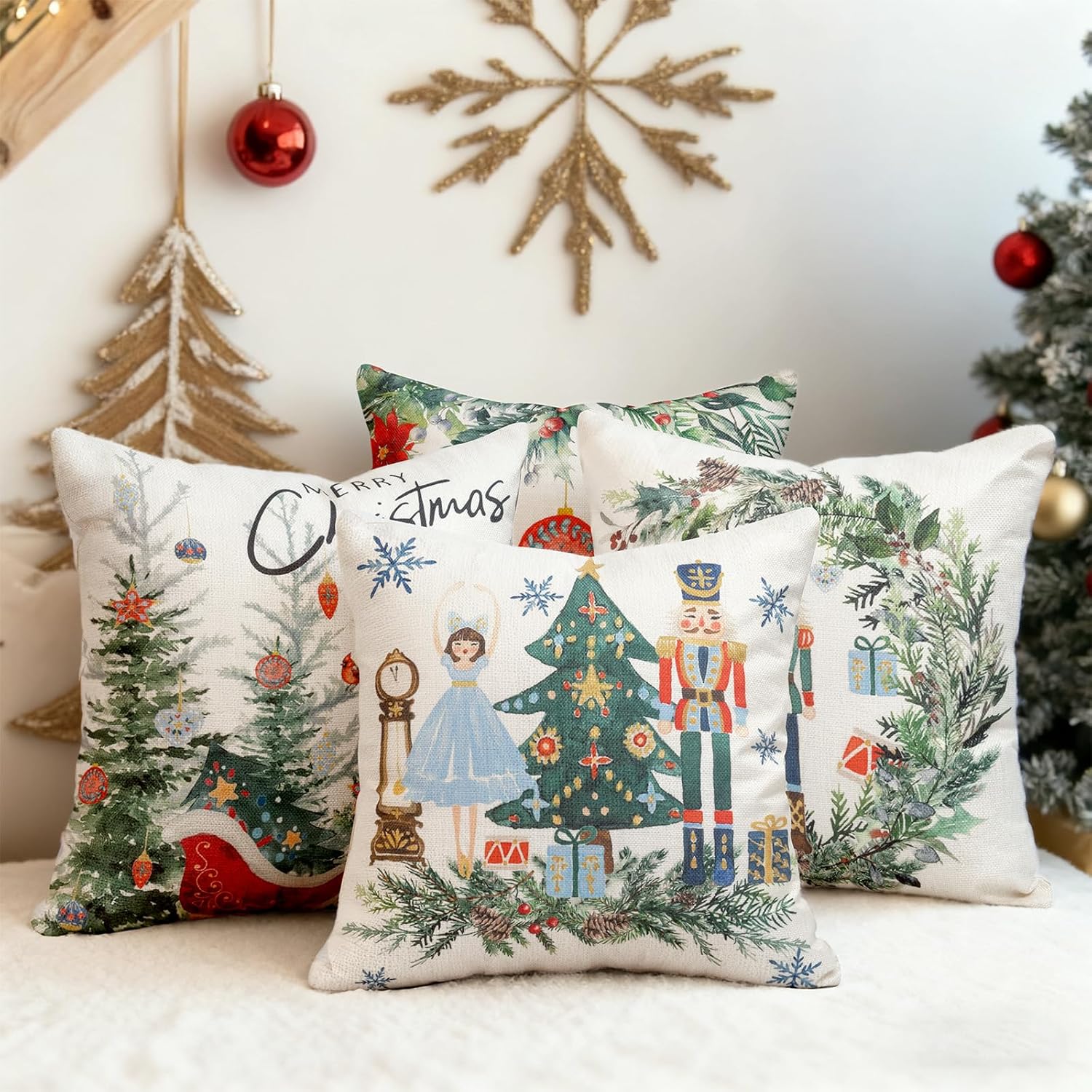 Christmas Throw Pillow Covers 20x20 Set of 4,Merry Christmas Tree Vintage Car Nutcracker Bauble Wreath Beige Xmas Winter Holiday Decorative Pillowcase Farmhouse Home Decor for Sofa Couch