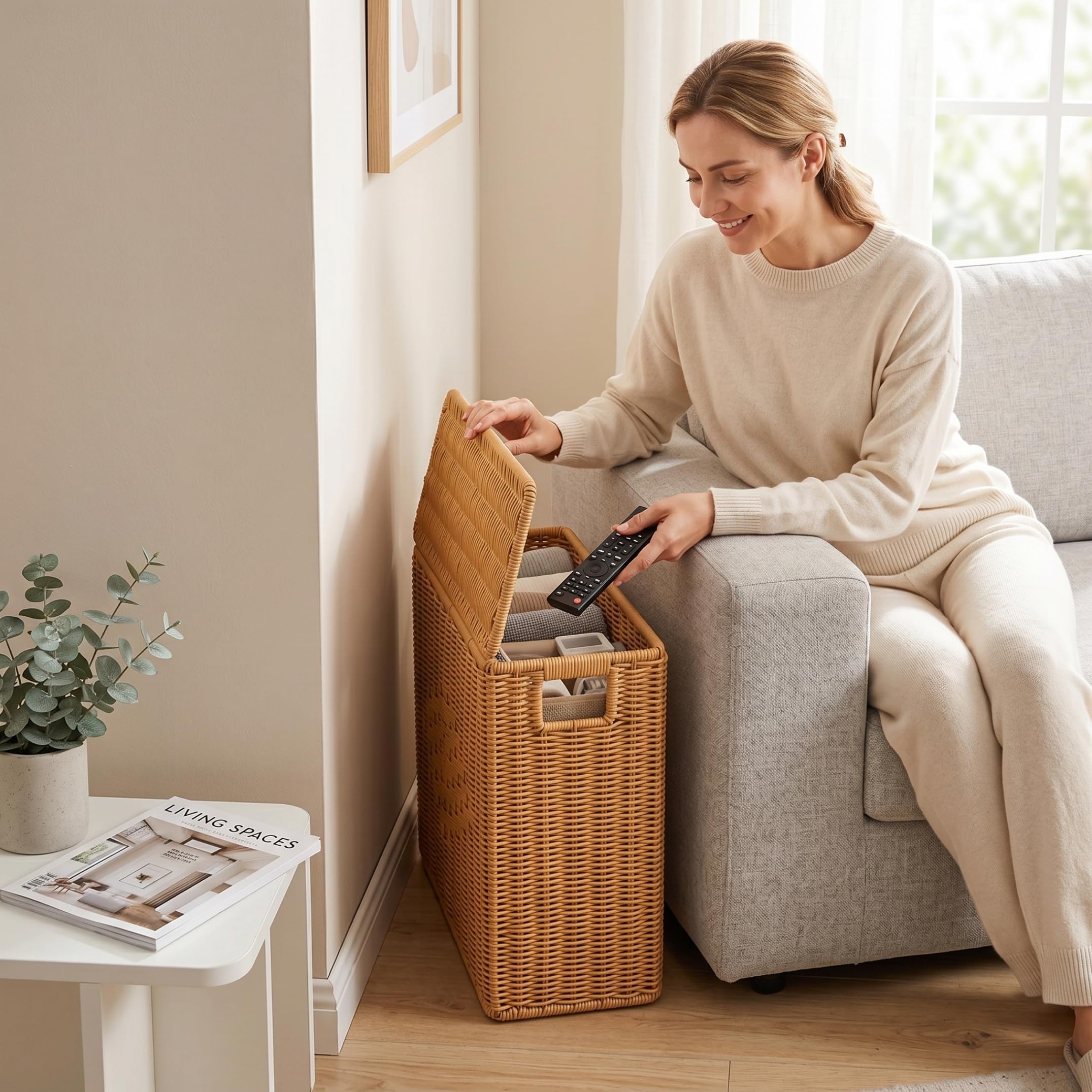 Contenedor de almacenamiento alto y estrecho, cesta estrecha, cesta tejida a mano con tapa, organizador de esquina que ahorra espacio para sala de estar, baño, dormitorio, 15 × 6 × 10 pulgadas