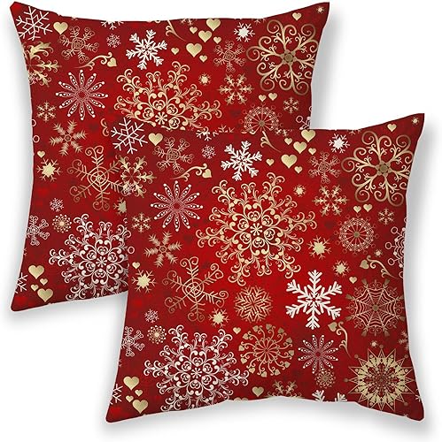 Miniatura 1 de BETGINY Fundas de almohada de Navidad de 16 x 16 pulgadas, almohadas de copos de nieve dorados y rojos de Navidad para sofá, fundas de cojín