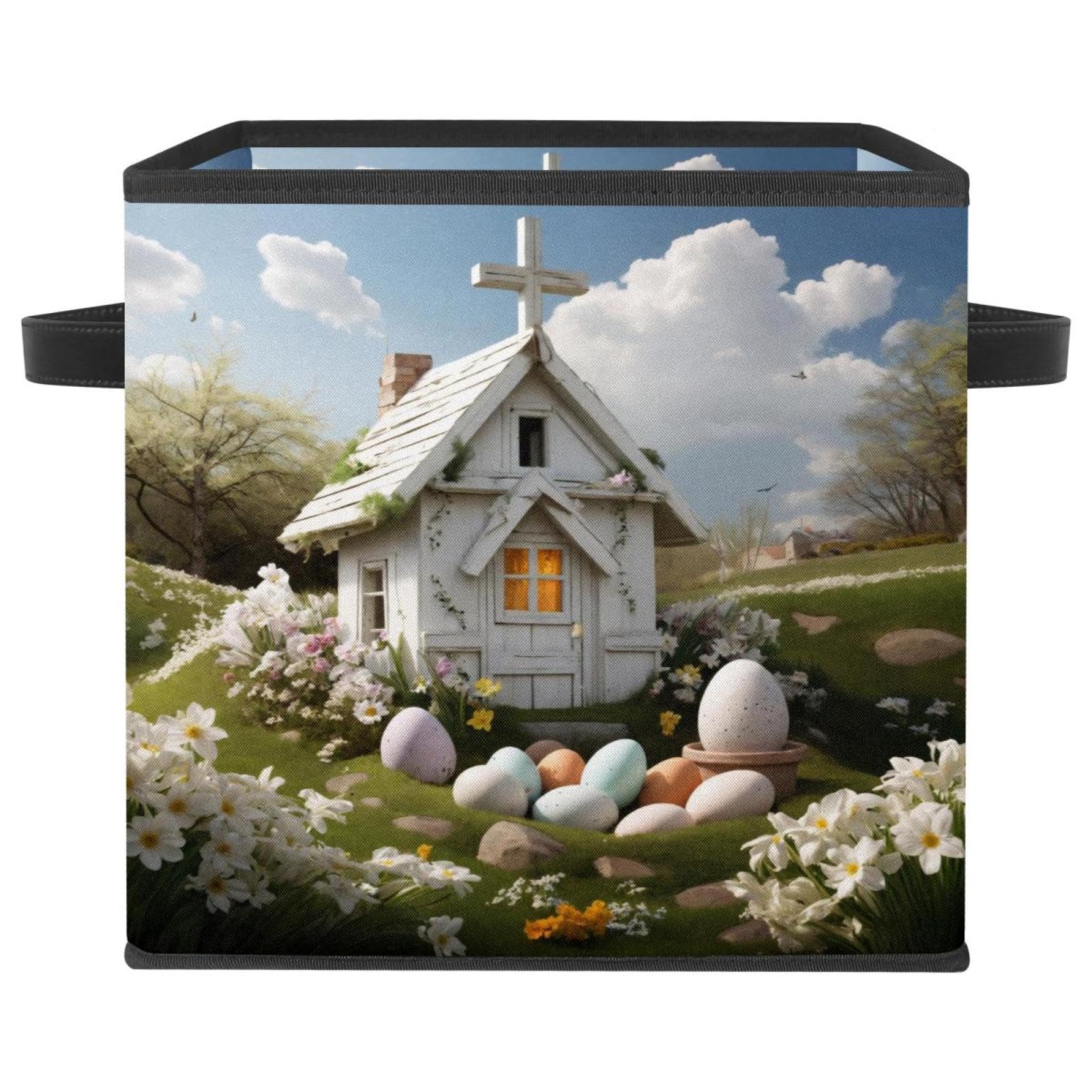 Panier de rangement pour étagères durable et blanc avec motif croix de Pâques pour maison