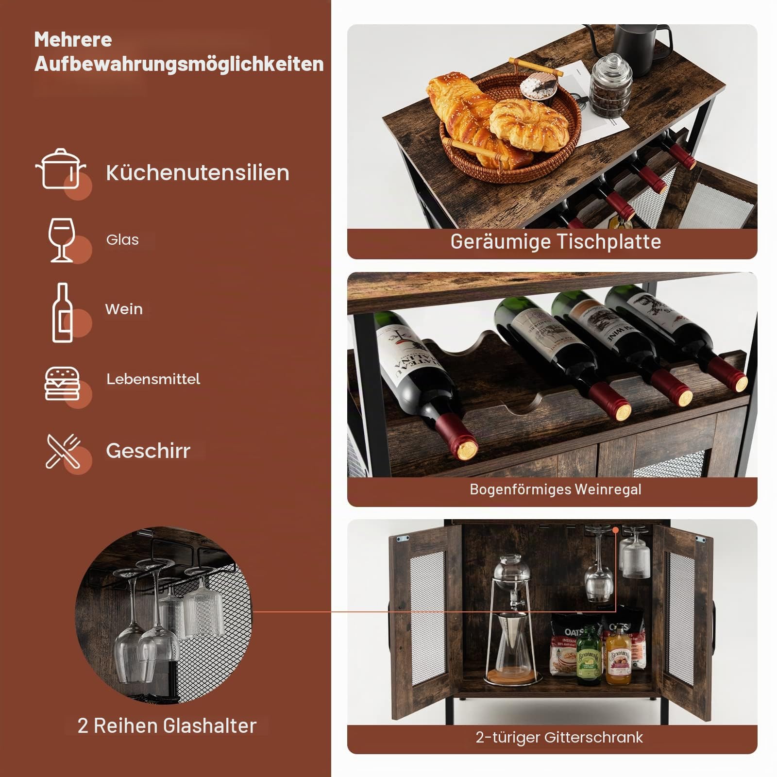 GIANTEX Weinschrank Barschrank Industrial, Weinbarschrank mit abnehmbarem Weinregal & 6 Glashalter, Küche Hausbar Küchenschrank mit Metallgittertüren, Sideboard Flaschenständer Weinständer 60x34x79cm
