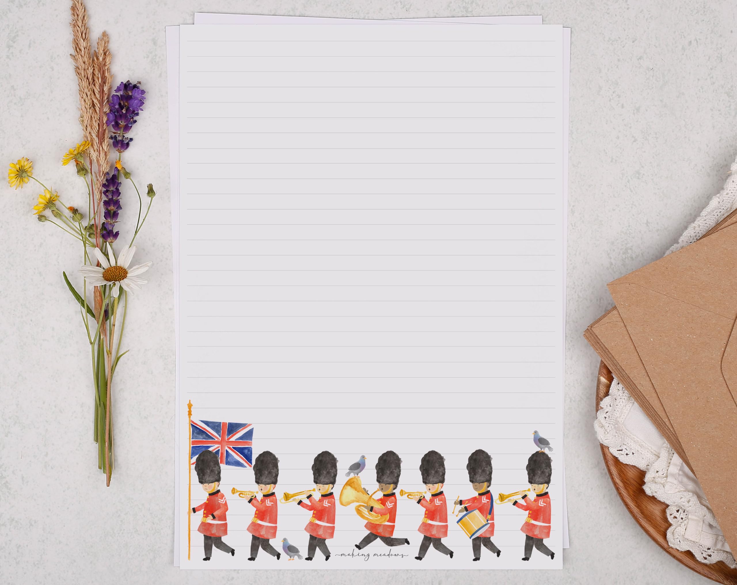 Making Meadows A4 Childrens Writing Paper Set London Marching Band Design (20 Sheets & 10 Envelopes), Perfect for Letter Writing, Lined Writing Paper and Envelopes