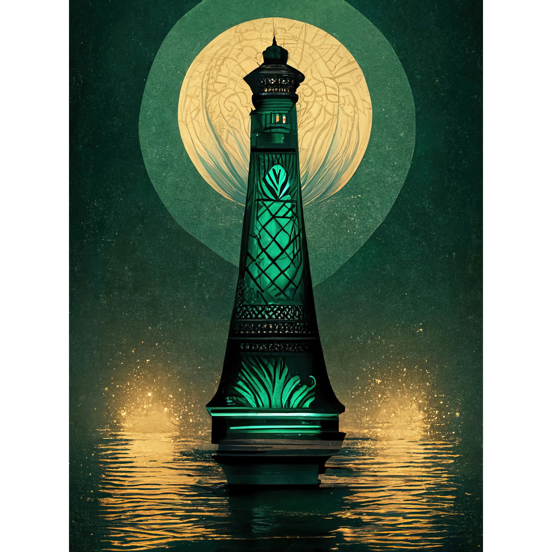 Doppelganger33 LTD Art Deco Lighthouse Great Gatsby Moonlight Emerald Large Wall Art Poster Print Thick Paper 18X24 Inch