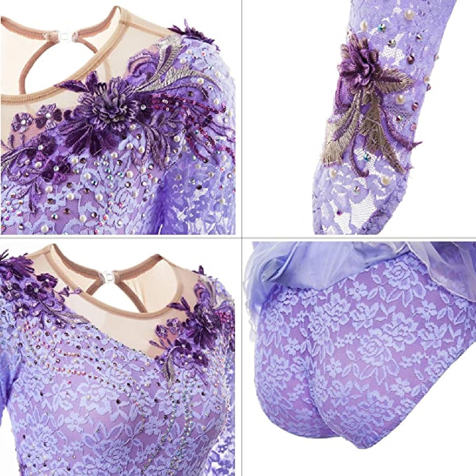 Robe de Patinage Artistique À Manches Longues for Femmes, Costume De Compétition De Danse Dos Nu, Robes Lyriques
