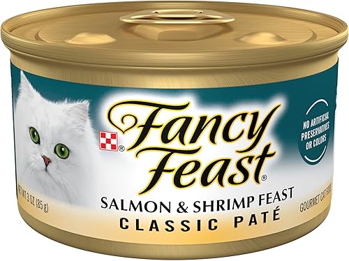 Purina Fancy Feast Salmon and Shrimp Feast Classic - Paté húmedo para gatos sin granos, (24) latas de 3 onzas