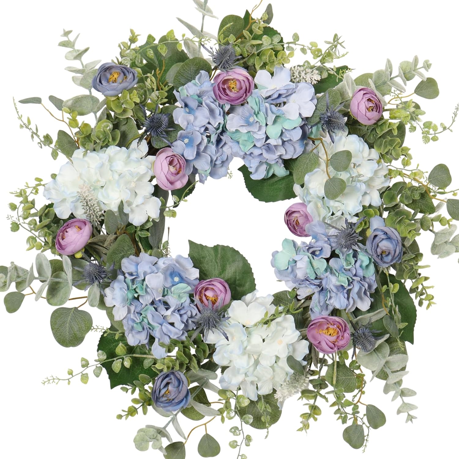 22 Inch Hydrangea Wreath for Front Door Decor, UV Resistant Spring Floral Wreath with Blue & Purple Flowers, Waterproof Summer Porch Display & Everyday Wreath