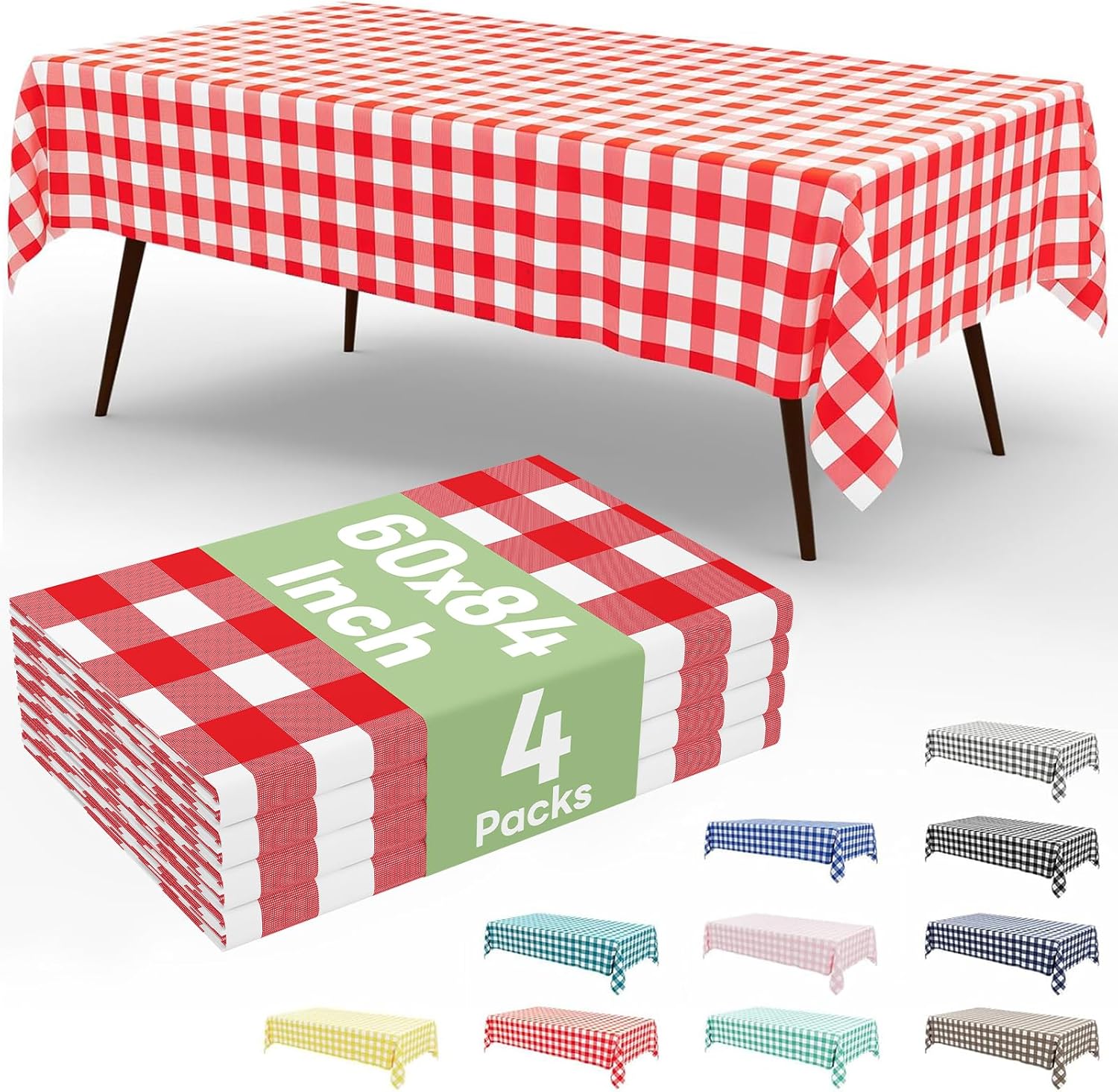 Smiry 4 Pack Red Gingham Disposable Tablecloths - 60" x 84" Heavy Duty Plastic Table Cloth, Waterproof Buffalo Plaid Table Covers for Picnic, Parties, Banquets