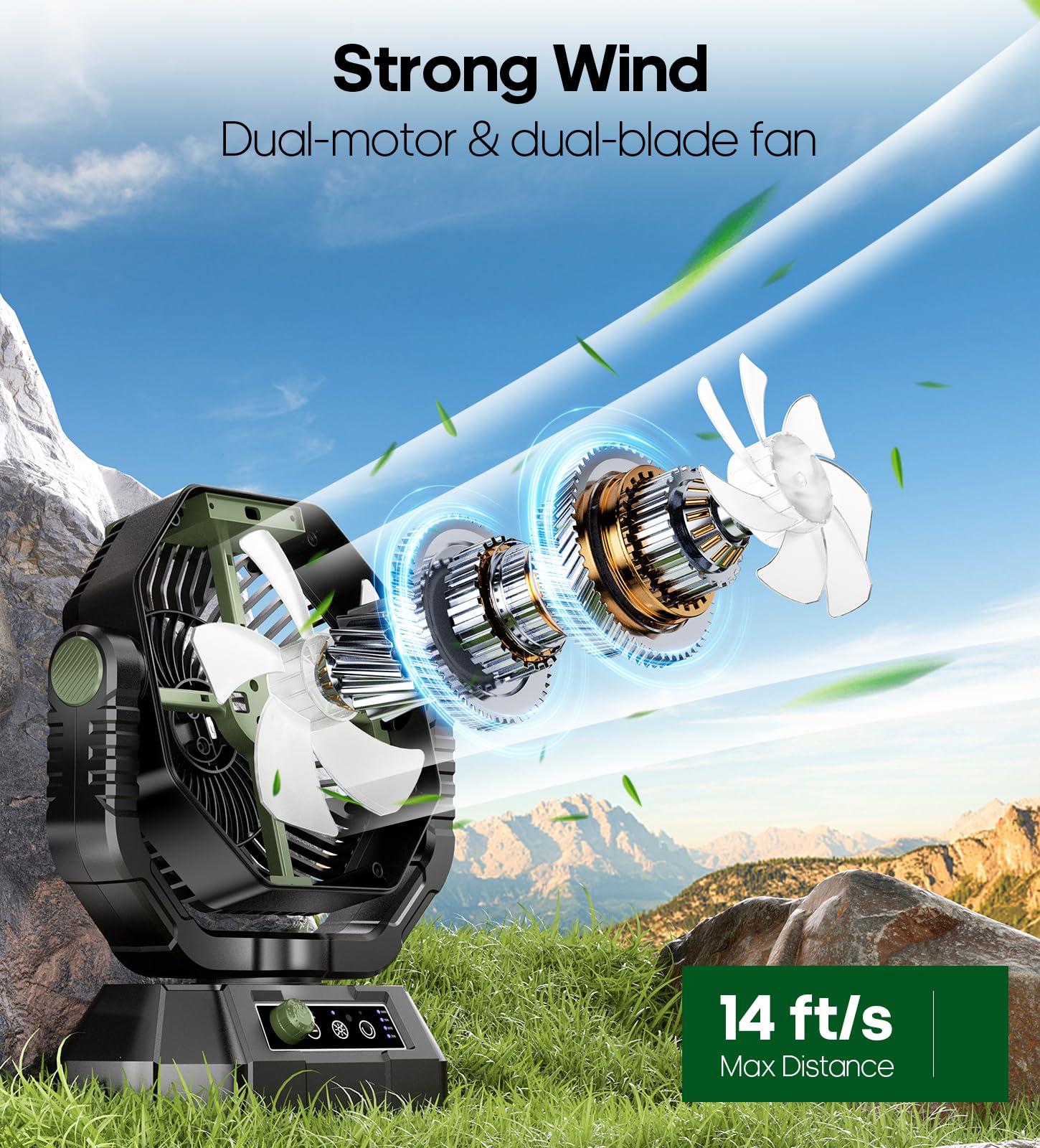Ventilatore da Campeggio con Lanterna a LED, 20000 mAh Ventilatore da Tavolo con Telecomando e Gancio, Rotazione di 270°, Velocità Continua, Modalità Timer, per Tenda da Interno ed Esterno（Verde）
