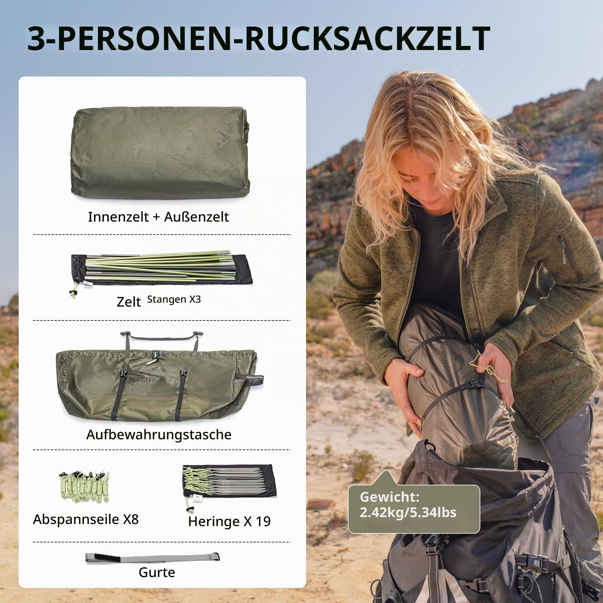 Naturehike Opalus UL Tunnelzelt 2/3 Personen Familienzelt Geräumiges Leichtes mit Markise Zelt 4 Saison Rucksackzelt für Camping Backpacking Outdoor