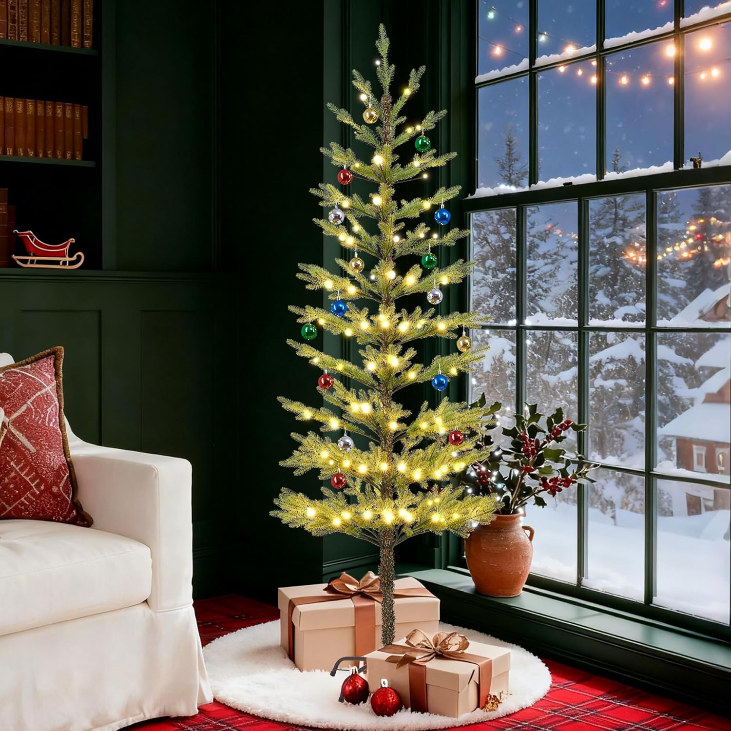 Lightshare 6FT 132L Warm White Evergreen Pine Needle Tree, Pencil Christmas Tree Lighted Pyramid Design with Ornaments, Remote Control & Dimmable, Artificial Christmas Holiday Decoration