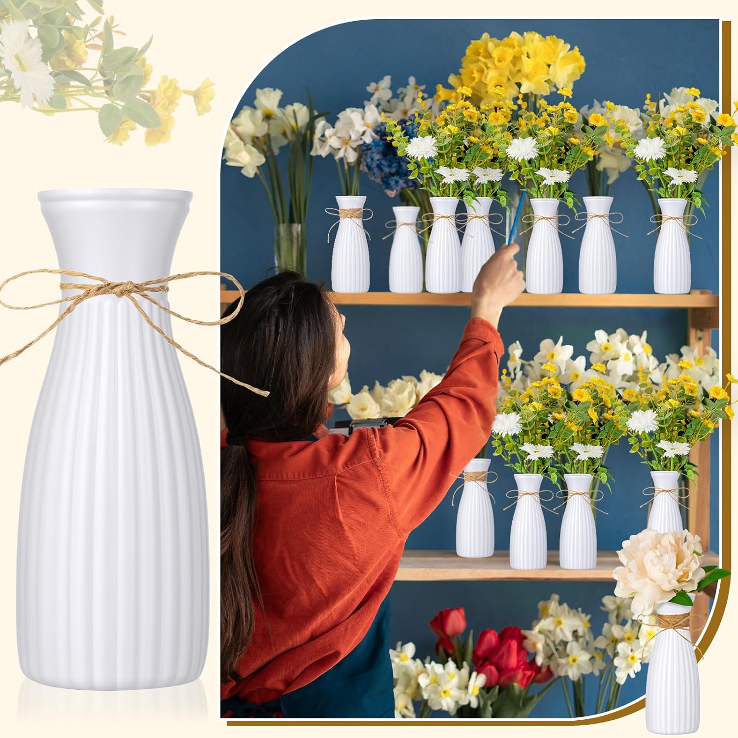 20 Pcs Plastic Flower Bud Vases Bulk with Twines Ropes Small Mini Flower Vases for Centerpieces Decorative Plastic Bottles for Wedding Reception Dining Table Home Decoration (White)