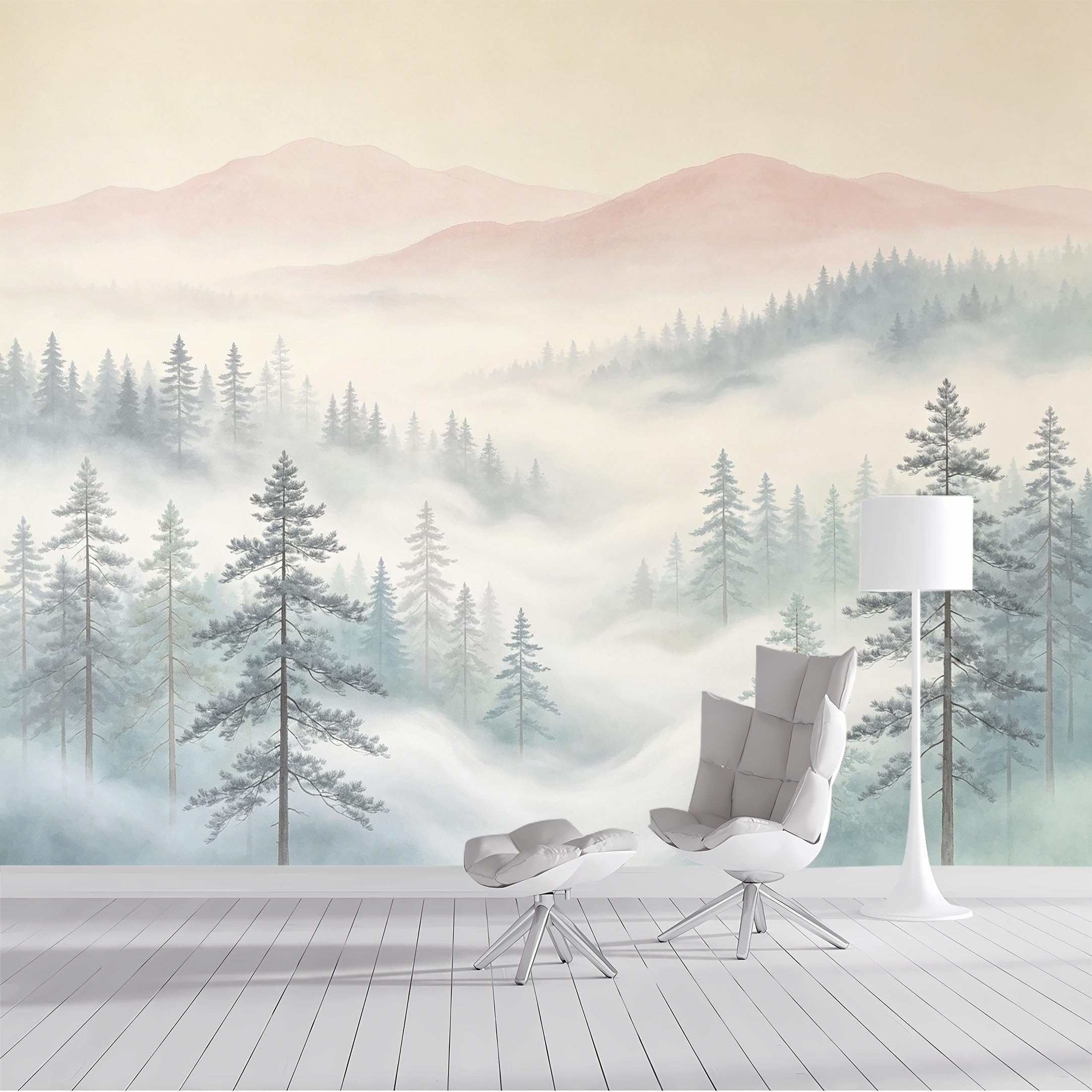 Custom Size Wall Mural Misty Mountain Forest Landscape Watercolor Nordic Style SelfAdhesive Wall Fabric Removable Peel and Stick Wallpaper Wall Decor for Living Room Bedroom Bathroom