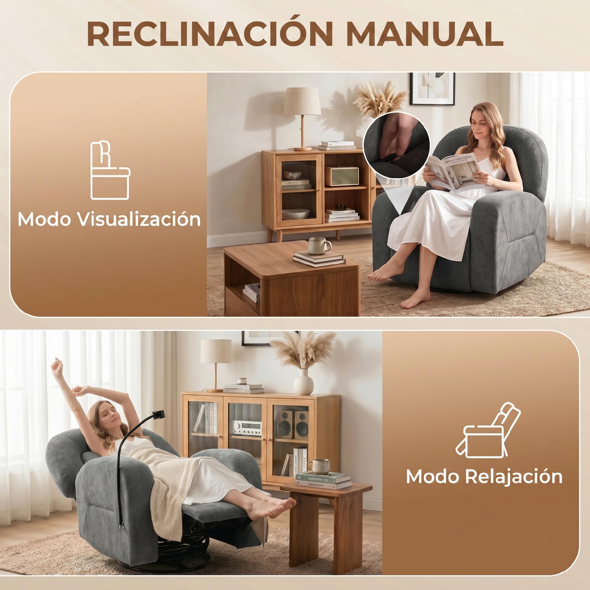 HOMCOM Sillón Relax Reclinable 3 en 1 Función Mecedora Asiento Amplio Gris