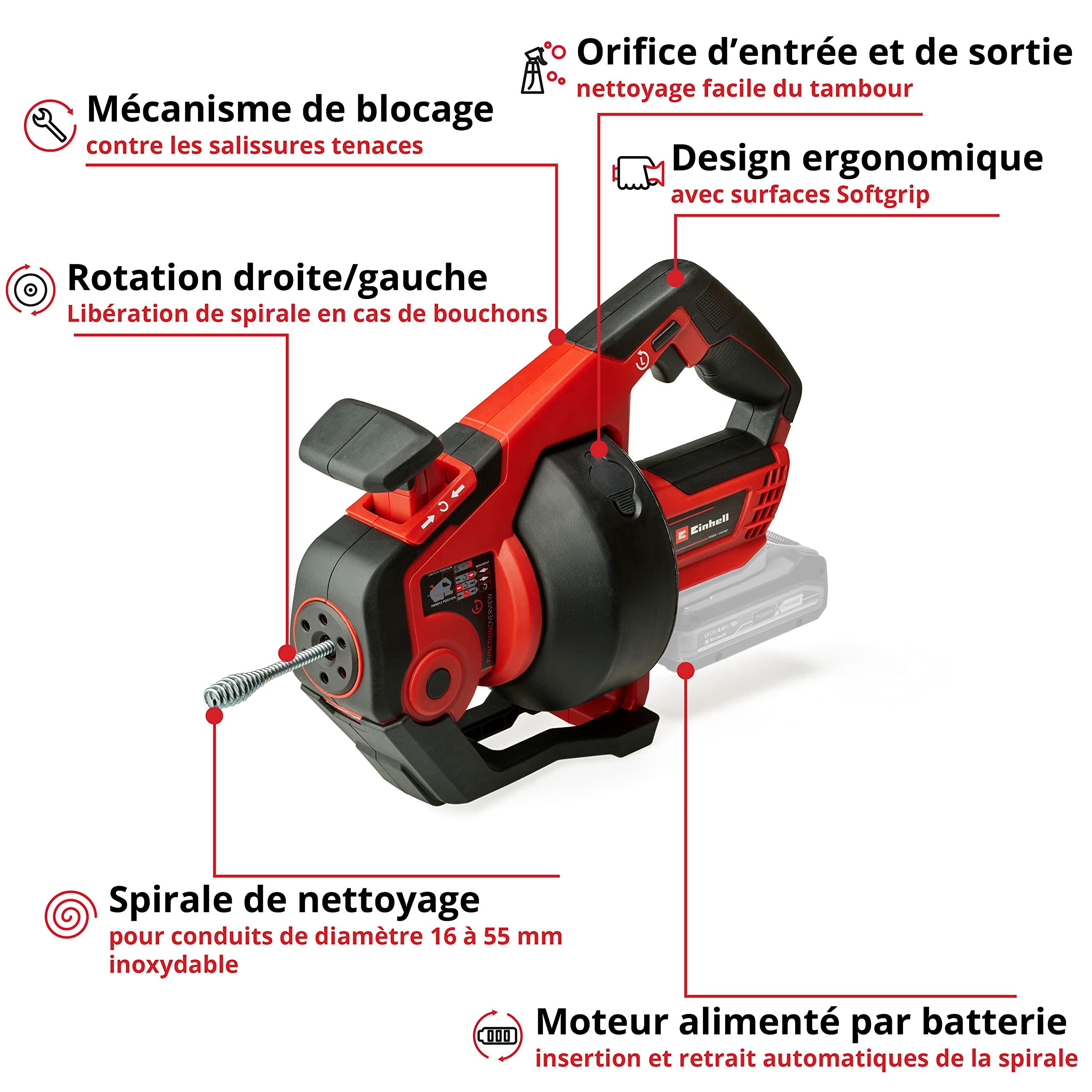 Einhell Furet déboucheur de canalisations sans fil TE-DA 18/760 Li-Solo Power X-Change (18 V, Li-Ion, long flexible spiralé de 7,6 m) Livré sans batterie ni chargeur