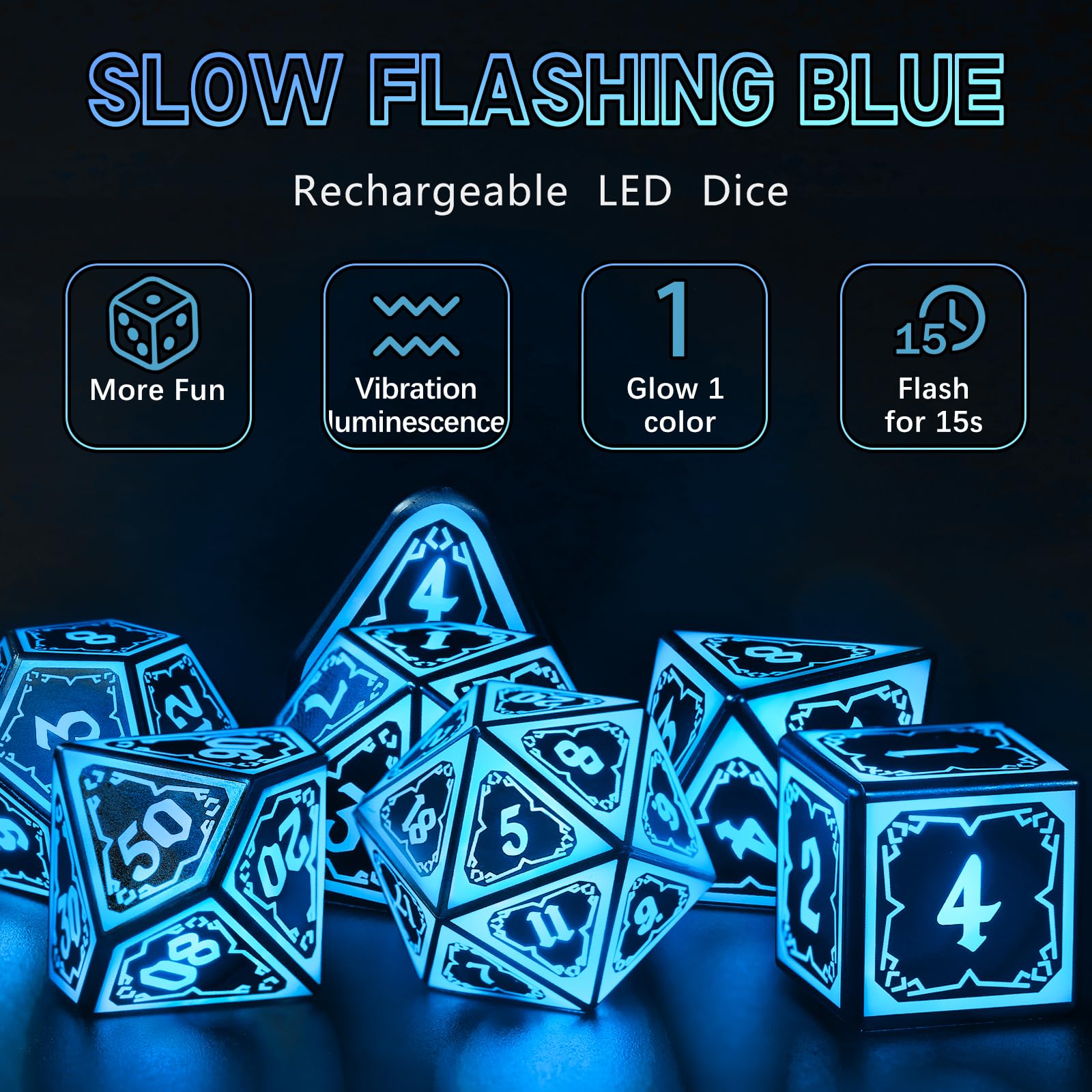 FONVGOGO Set Dadi D&D per Dungeons and Dragons Set Dadi DND Luminosi Wireless Ricaricabili con Scatola di Ricarica Dadi Poliedrici RGB LED 7 Pezzi DND Dice Set (Blu)