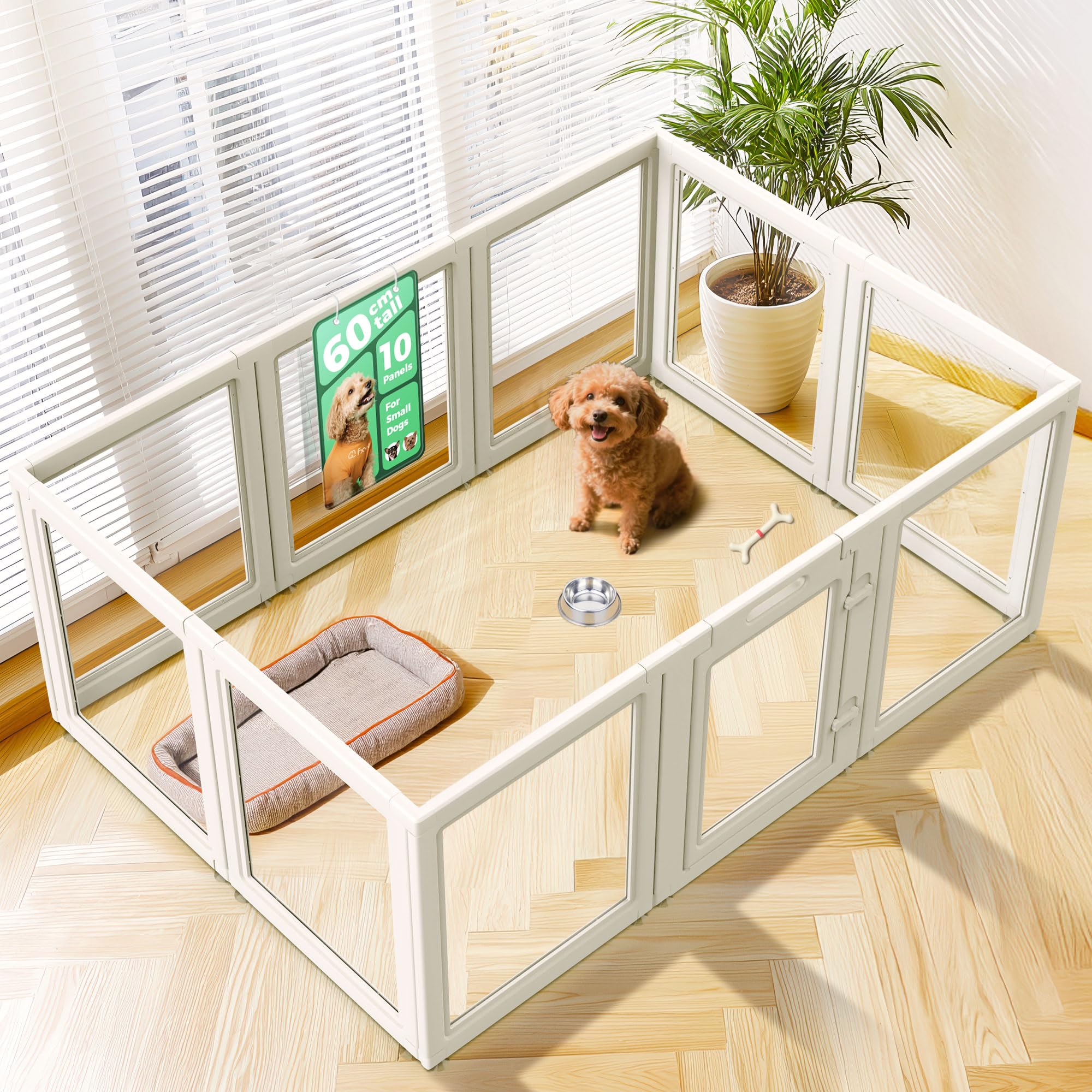FXW AuraSpace Clear Acrylic Indoor Dog Playpen, 60cm(H), 10 Panels, White