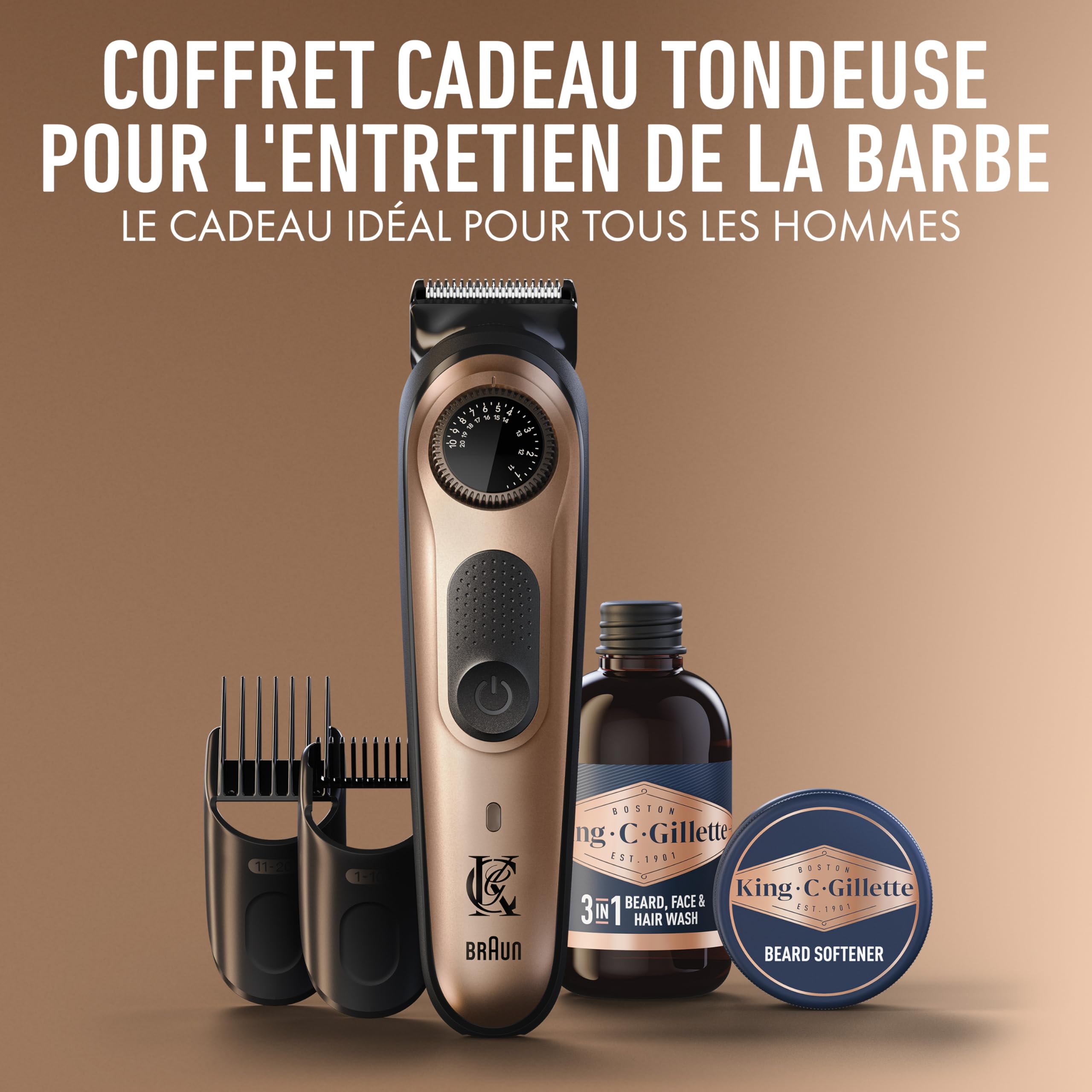 King C. Gillette Kit Barbe Homme, Tondeuse Electrique et 2 Soins Visage | 40 Longueurs, Lames Inusables en Métal, Coffret avec Nettoyant 3-en-1 60 ml, Baume Adoucissant 25 ml