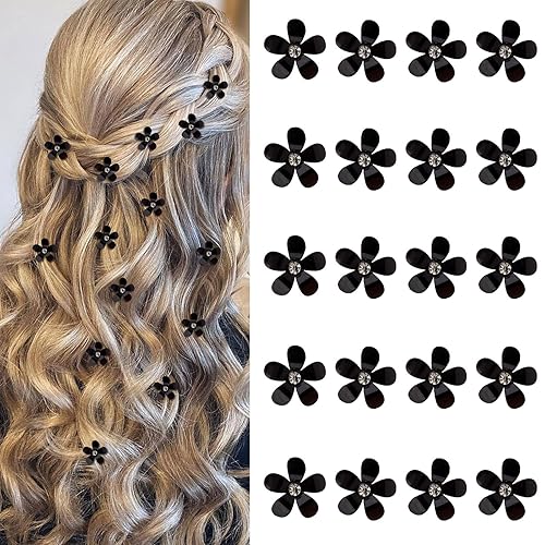YISSION Hair Clip 20Pcs, Mini Black Flower with Rhinestone, Cute