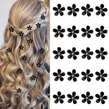 YISSION Hair Clip 20Pcs, Mini Black Flower with Rhinestone, Cute Hair Clips, Decorative Hair Barrettes, Wedding Hair Accessories for Girls Women