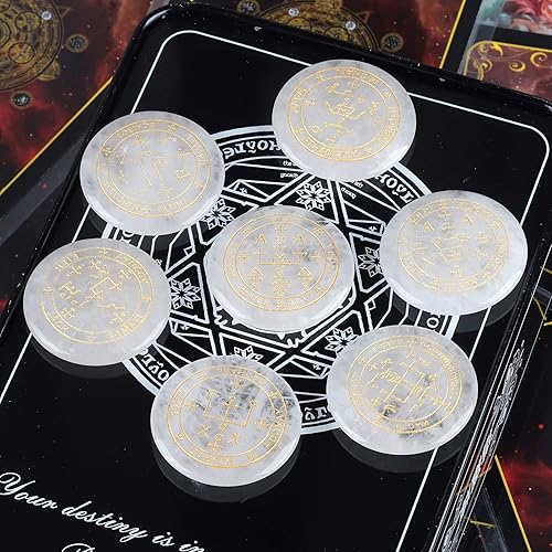 Miniatura 4 de Rockcloud Cristal curativo, 7 unidades, círculos mágicos grabados, poderes espirituales, piedras redondas de palmera, equilibrio de reiki, cuarzo de