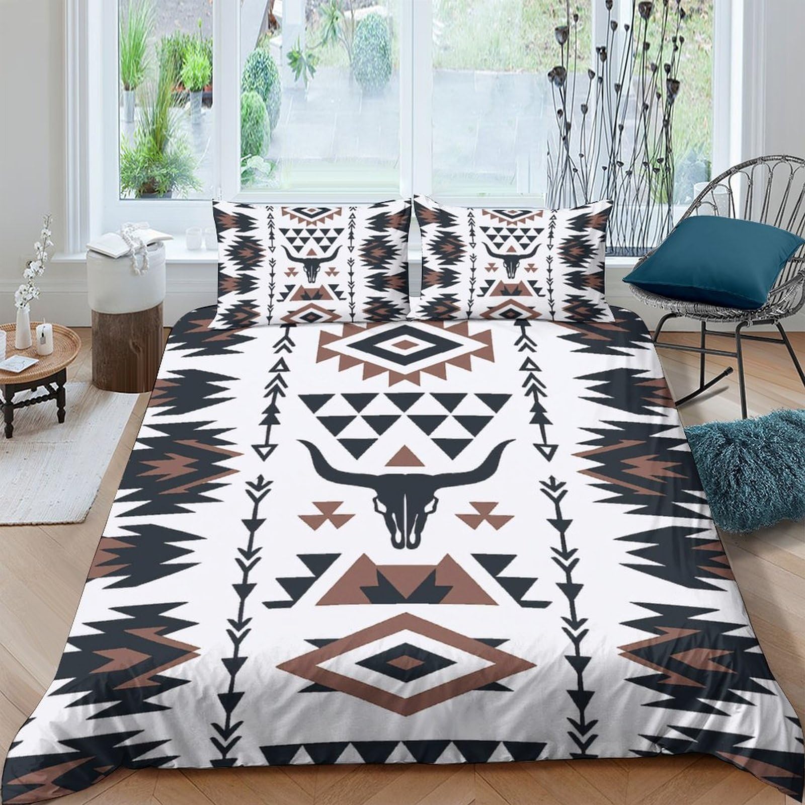 Ctjqhvkz Style-9 3D Printed Southwestern Bull Skull Fitted Sheet Microfiber Ethnic Geometric Mattress Cover For Bedroom Decor Single（135X200cm）
