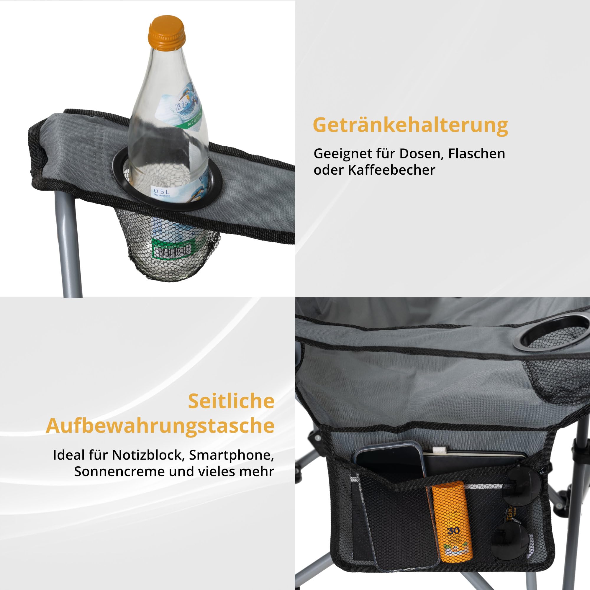Stagecaptain CSF-600 MKII Nick Campingsessel mit Fußstütze – Faltbarer Campingstuhl mit Verstellbarer Rückenlehne, Getränkehalter & Tragetasche - Klappstuhl für Camping, Angeln & Festival - Grau