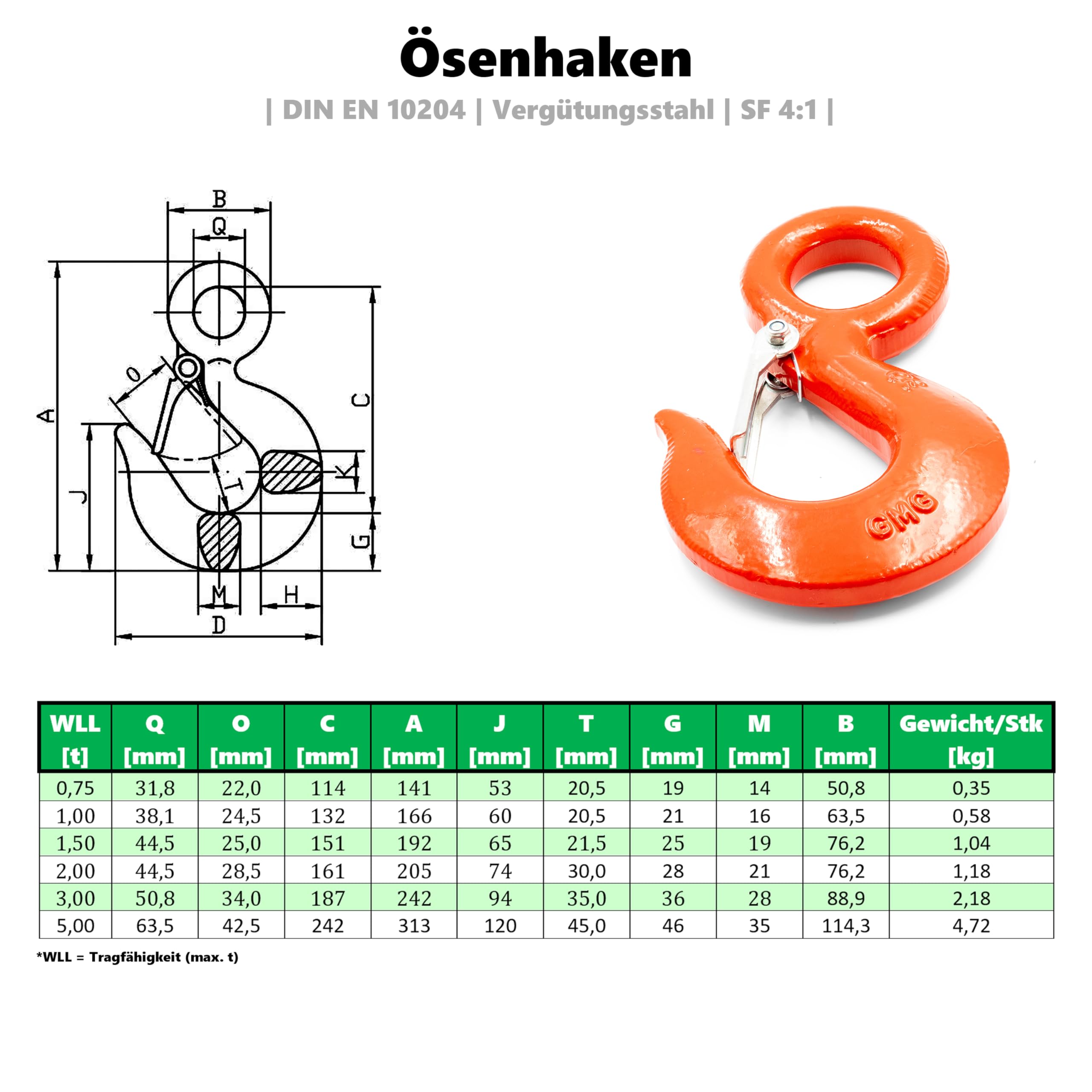 ALFA LOGISTIK Lasthaken mit Öse 8000kg Tragkraft mit Hakensicherung - Ösen Lasthaken mit Hakensicherung - Sicherheitshaken - Ösenlasthaken - Haken mit