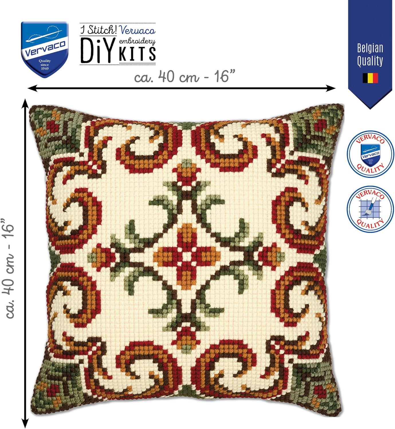 Vervaco Cross Stitch Embroidery Kits Pillow Front for Self-Embroidery with Embroidery Pattern on 100% Cotton and Embroidery Thread, 15,75 x 15,75 Inches - 40 x 40 cm, Geometrical Brown
