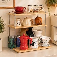 Solid Wood Coffee Station Organizer for Kitchen Countertop, Corner 3 Tier Adjustable Wooden Shelf with 304 Threaded Rod for Coffee Bar Accessories, Vintage Storage Caddy for Home, Cafes, Natural