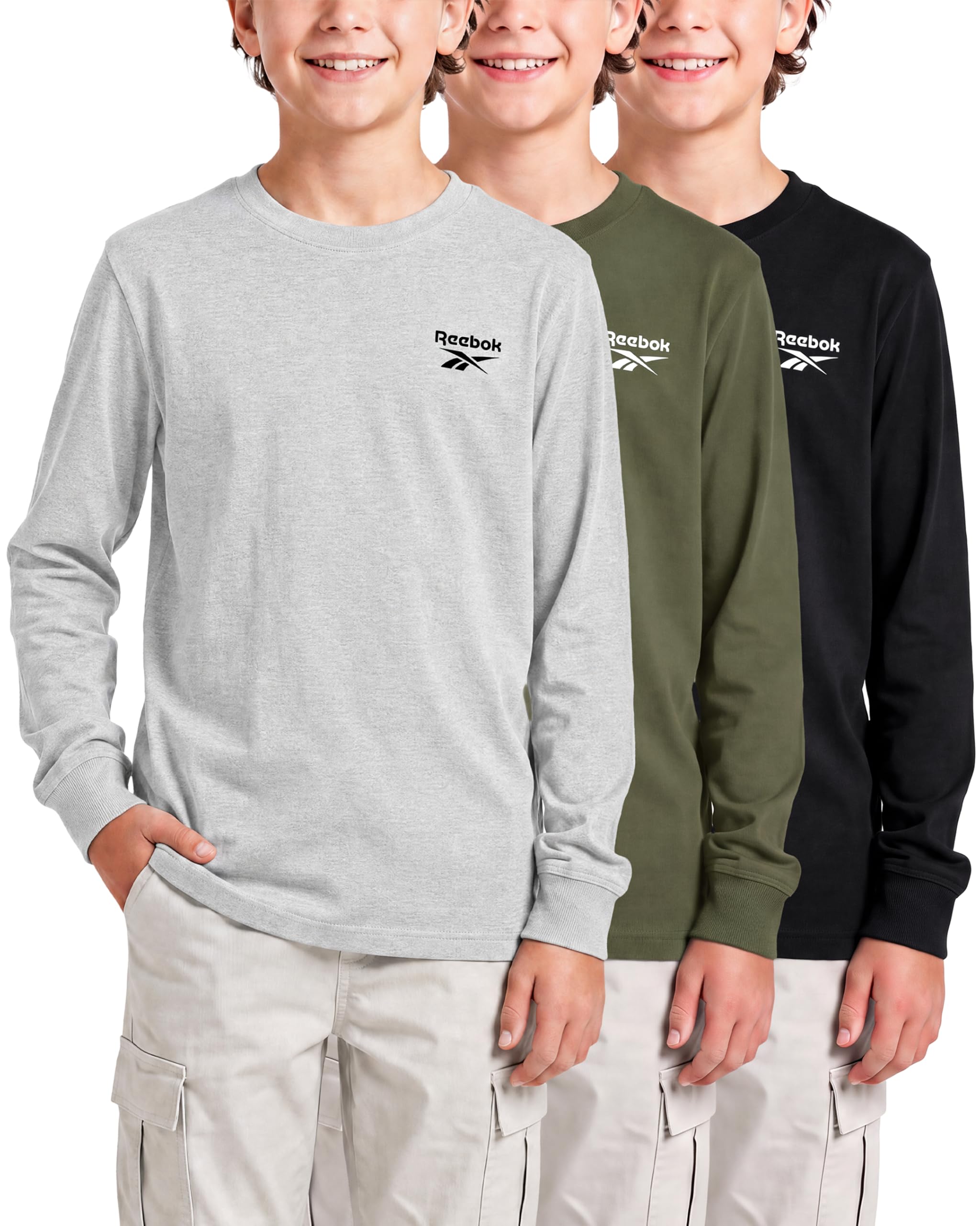 Reebok 3 Pack Boys Long Sleeve Athletic Shirts Tshirts Tees Cotton Kids Youth Teen
