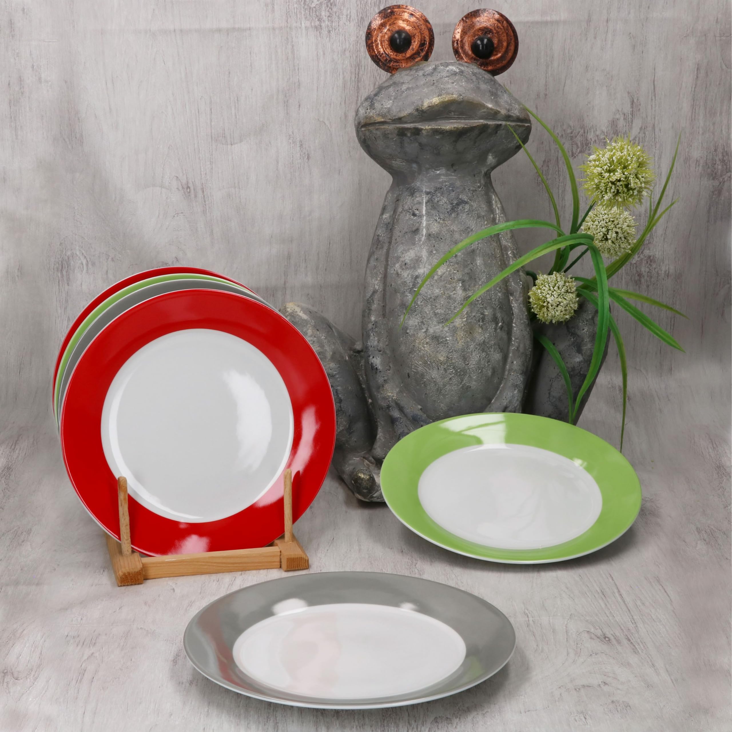 MamboCat 6er Set Variant Trio Kuchenteller I farbige Porzellan-Frühstücksteller für 6 Personen in Grün, Rot & Grau I kleine Teller für Salat, Dessert beim Frühstück, Mittag, Kaffee & Abendbrot