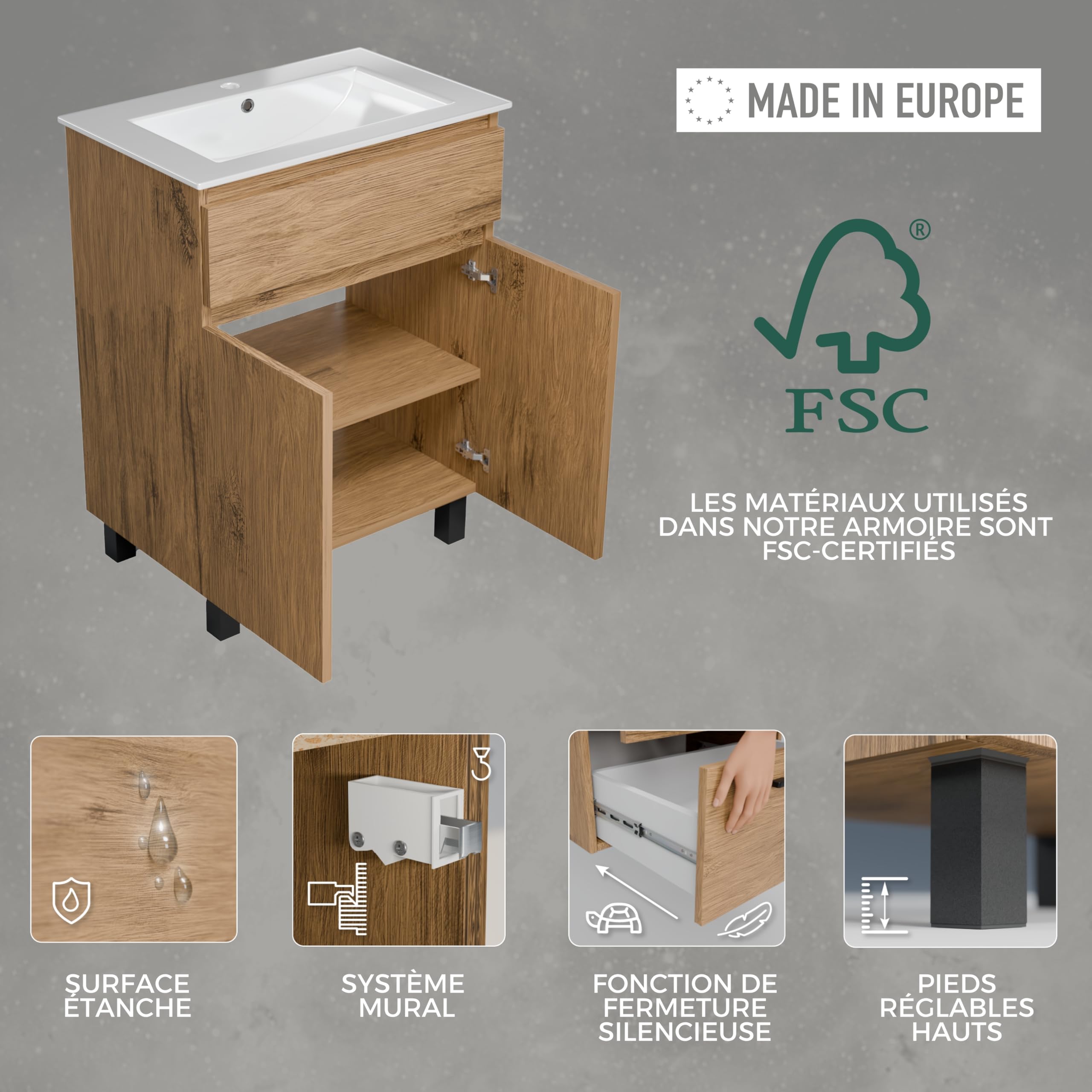 Meuble Salle de Bain 60 cm avec Vasque Ariza Sink | Meuble sous lavabo avec 1 tiroir et 2 Portes | Suspendu ou Debout | Bois Chêne